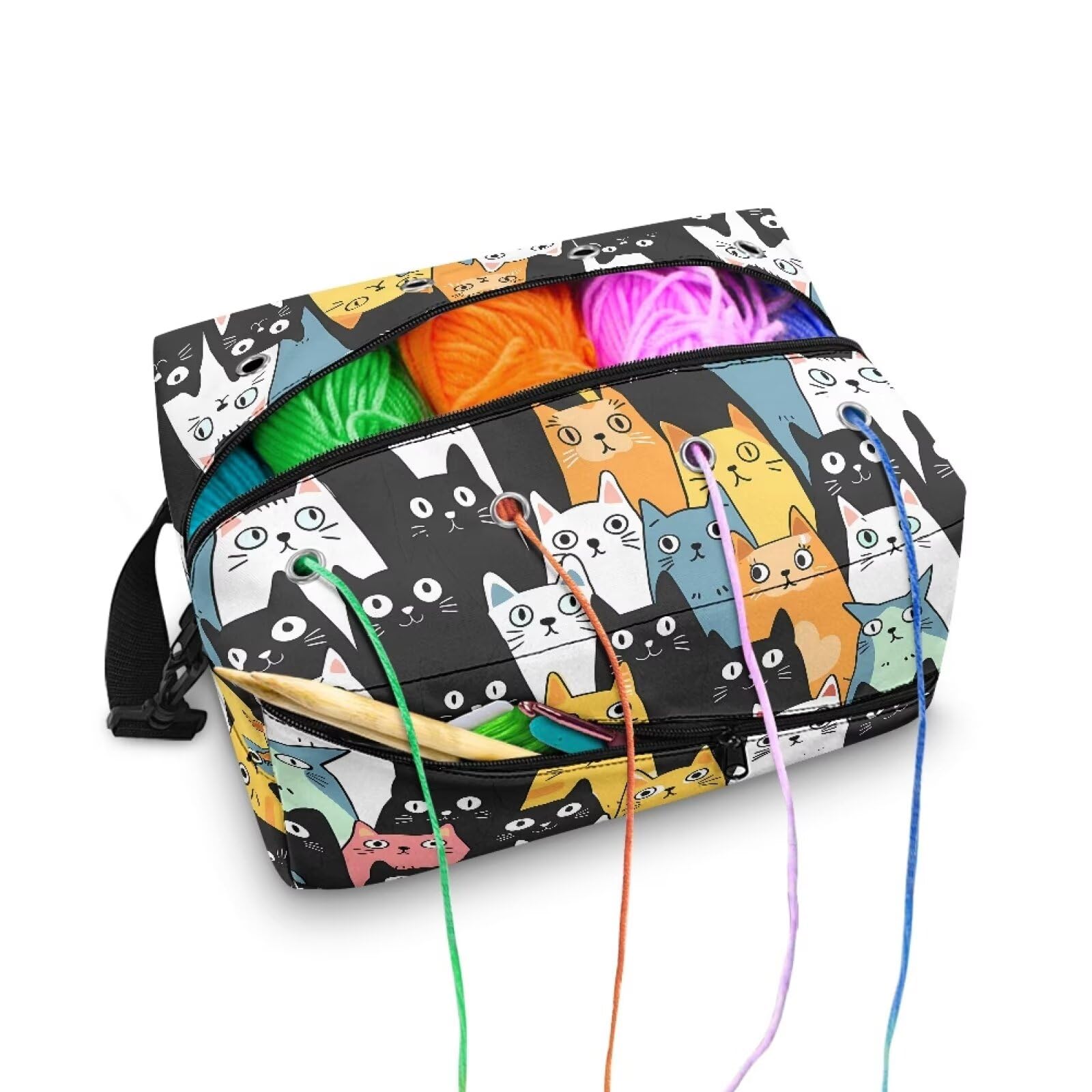 Drnuikhe Cartoon Cat Large Knitting Bags and Totes Organizer, Lightweight Yarn Bag Knitting &amp; Crochet Supplies Crochet Gift for Mother Wife