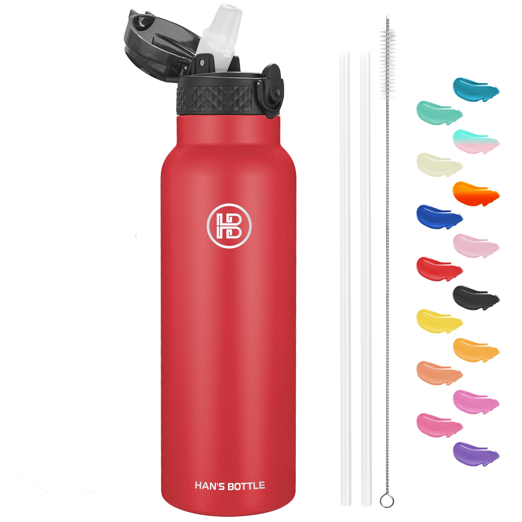 Han's Bottle Sports Water Bottle - 24 Oz, Straw Lid, Leak Proof, Vacuum Insulated Stainless Steel, Double Walled, Thermo Mug,Red