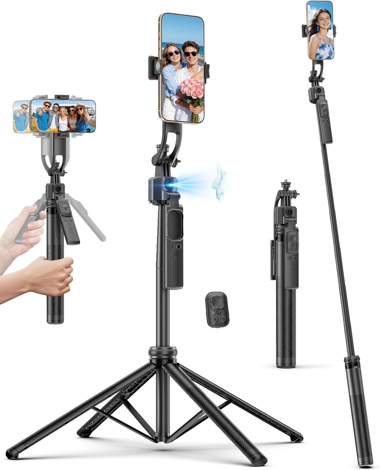 QIRITA 64" Auto Face Tracking Tripod, 360° Rotation Aluminum Quadrapod Selfie Stick with Remote, Phone Tripod Compatible with iPhone Android for Vlog TikTok Live Streaming