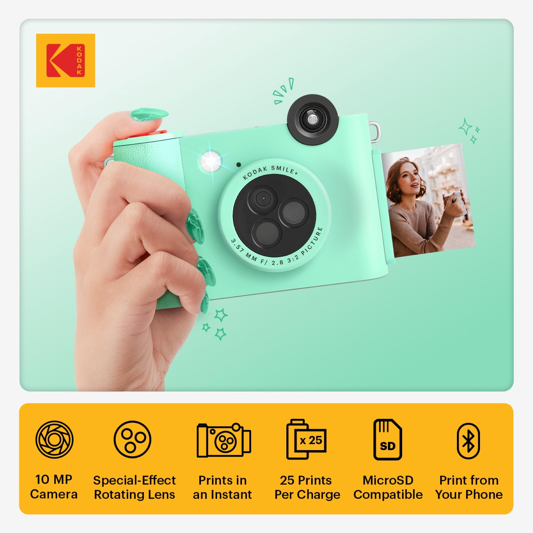 KODAK Smile+ 2 in 1 Digitale Sofortbildkamera & kabelloser Bluetoot Fotodrucker, 10 MP, drehbares Objektiv mit Spezialeffekten, Zink Fotos mit Kleberückseite (5,1 x 7,5 cm), Grün
