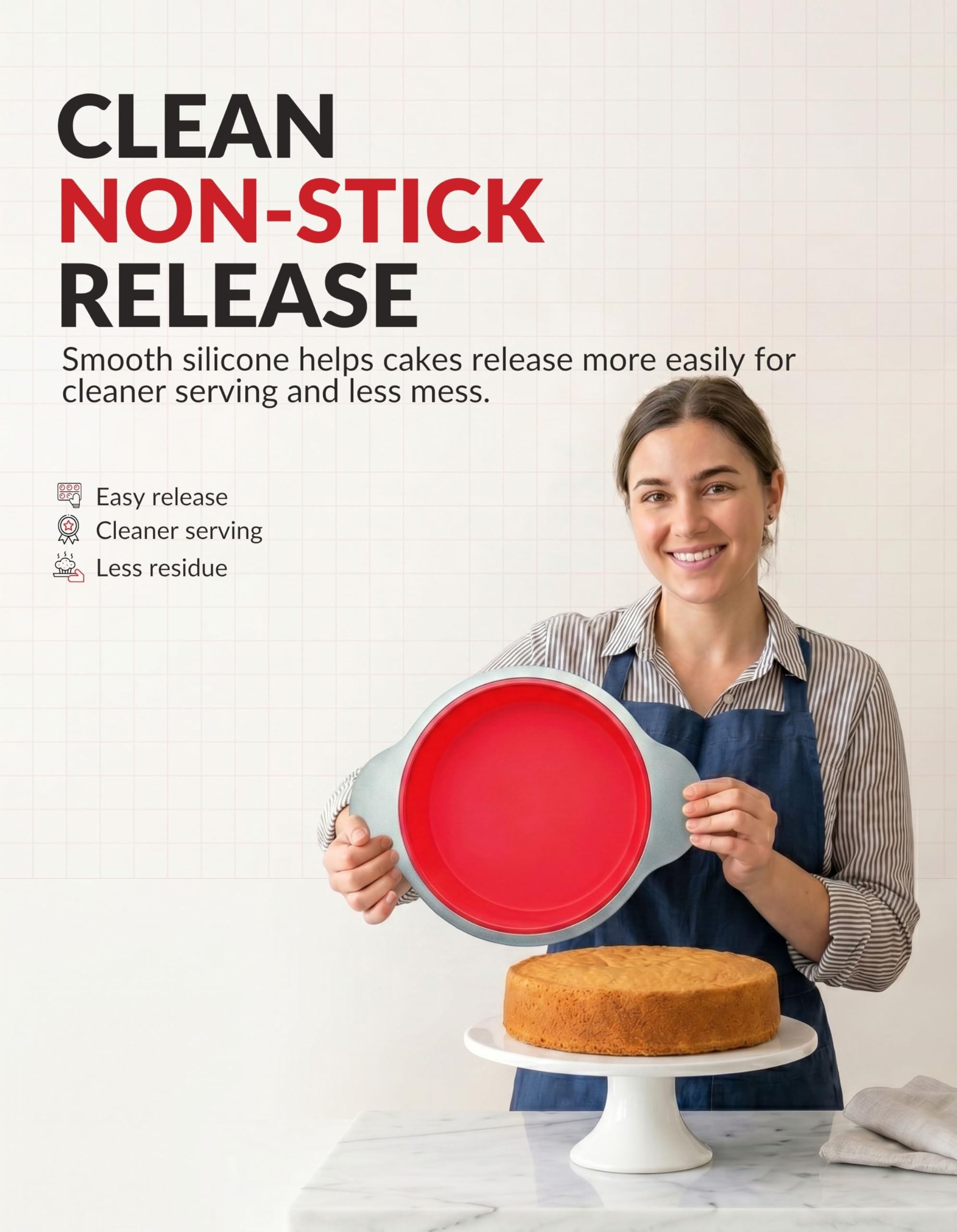 Boxiki Kitchen Moule à Gâteau Rond en Silicone avec Revêtement Antiadhésif de 22,9 cm de avec des Poignées en Cadre en Acier - Parfait pour Cuire des Gâteaux Ronds Délicieux.