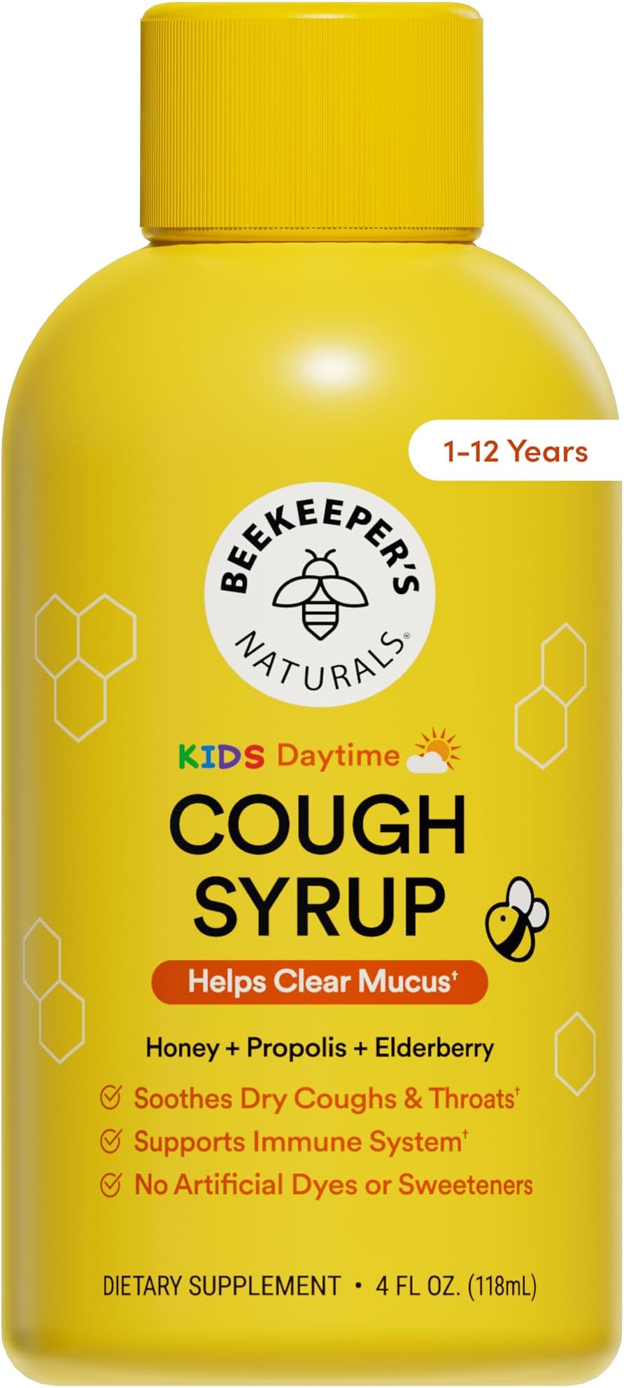 Beekeeper's Naturals Kids Daytime Honey Cough Syrup - Immune Support with Elderberry, Vitamin C, Vitamin D & Raw Honey - Gluten Free & Clean Ingredients, 4 oz.