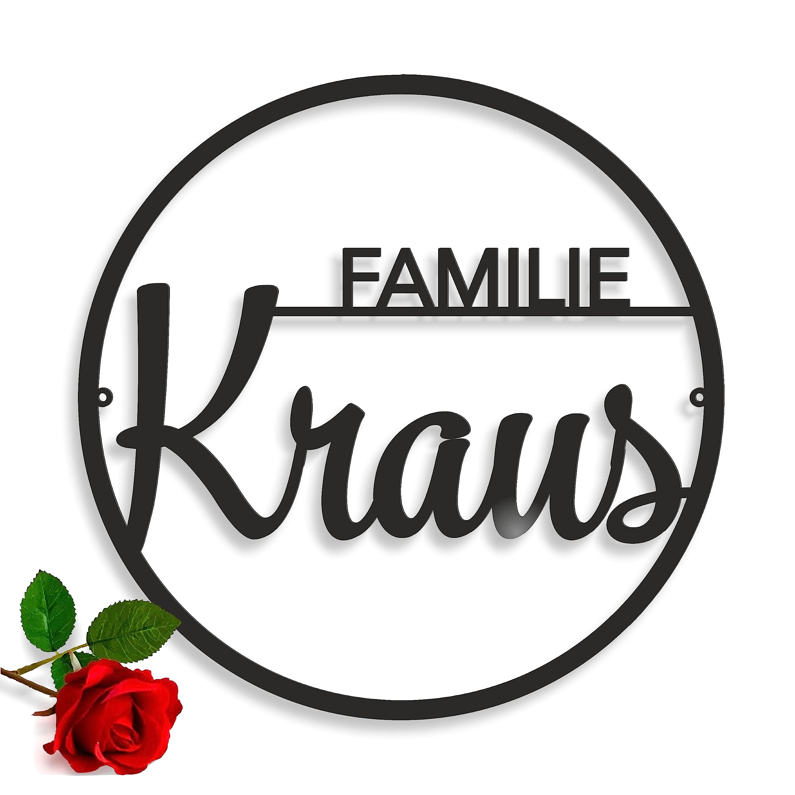 Personalisierter Türkranz aus Metall mit Familiennamen für Wand | Mit individuellem Nachnamen, Aufhängelöchern sowie mehreren Größen und Farben für den Innen- und Außenbereich (Design 1)
