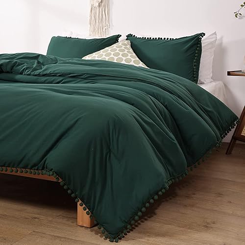 Miniatura 2 de Smoofy Juego de edredón con flecos, tamaño matrimonial, color verde esmeralda, bohemio, elegante, bonito juego de ropa de cama con pompones, suave,