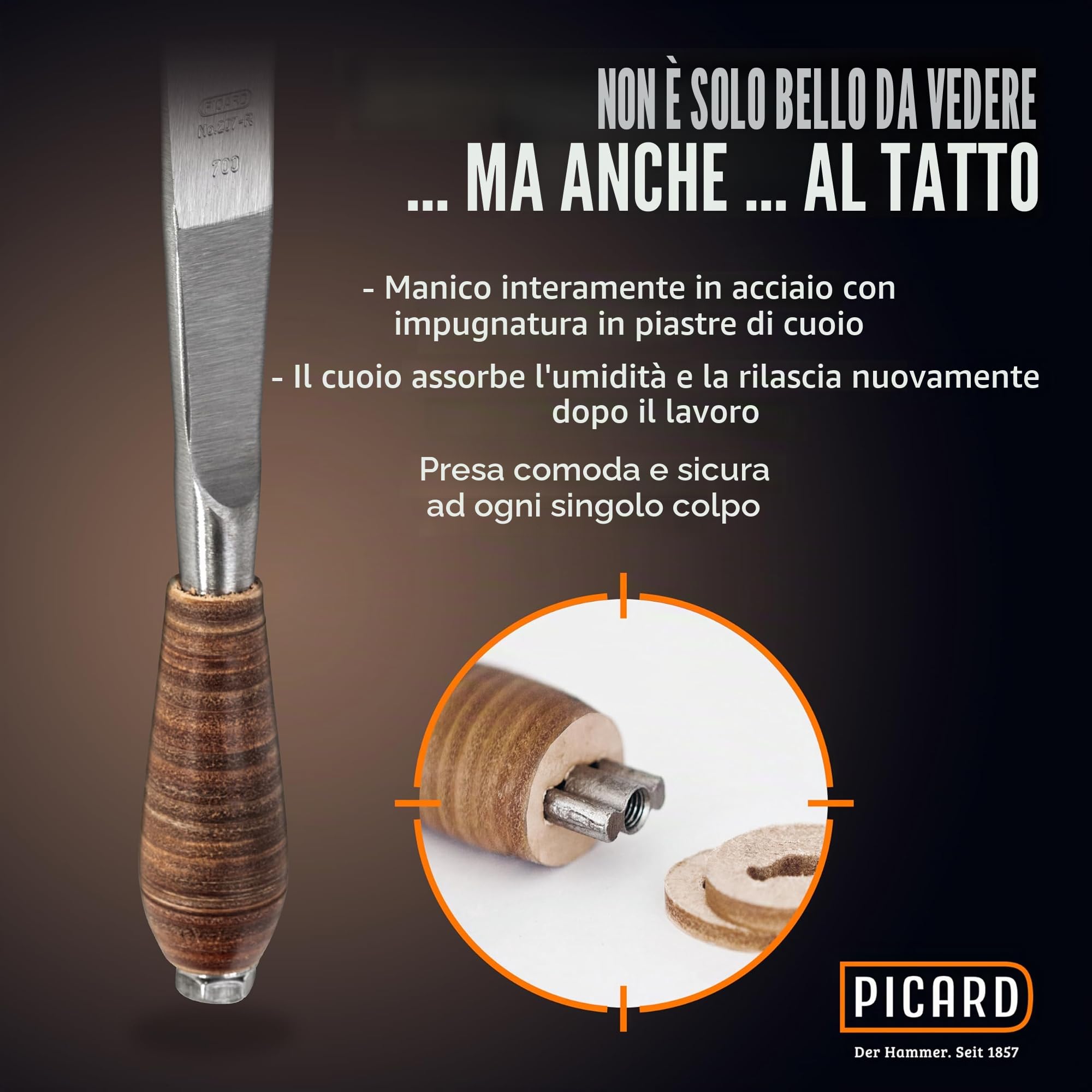 PICARD martello per ardesia n. 207 R XS | Martello professionale per destra con impugnatura in pelle | Hammer artigianale in acciaio speciale con bilanciamento perfetto e tagliente rinforzato