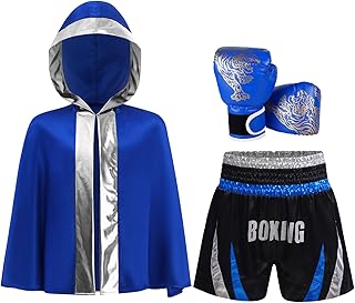 Traje de manga larga para niños y jóvenes, de satén, con capucha, con boxeo tailandés, pantalones cortos, guantes de boxeo, 3 piezas