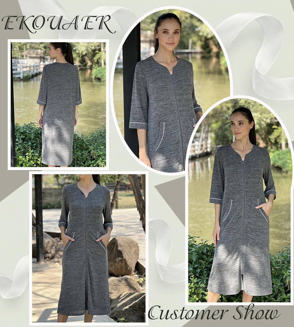 Ekouaer Zipper Robes for Women 3/4 Sleeve Bathrobe Lightweight House Coats for Women with Pockets Long Moo Moo Nightgown - Image 2
