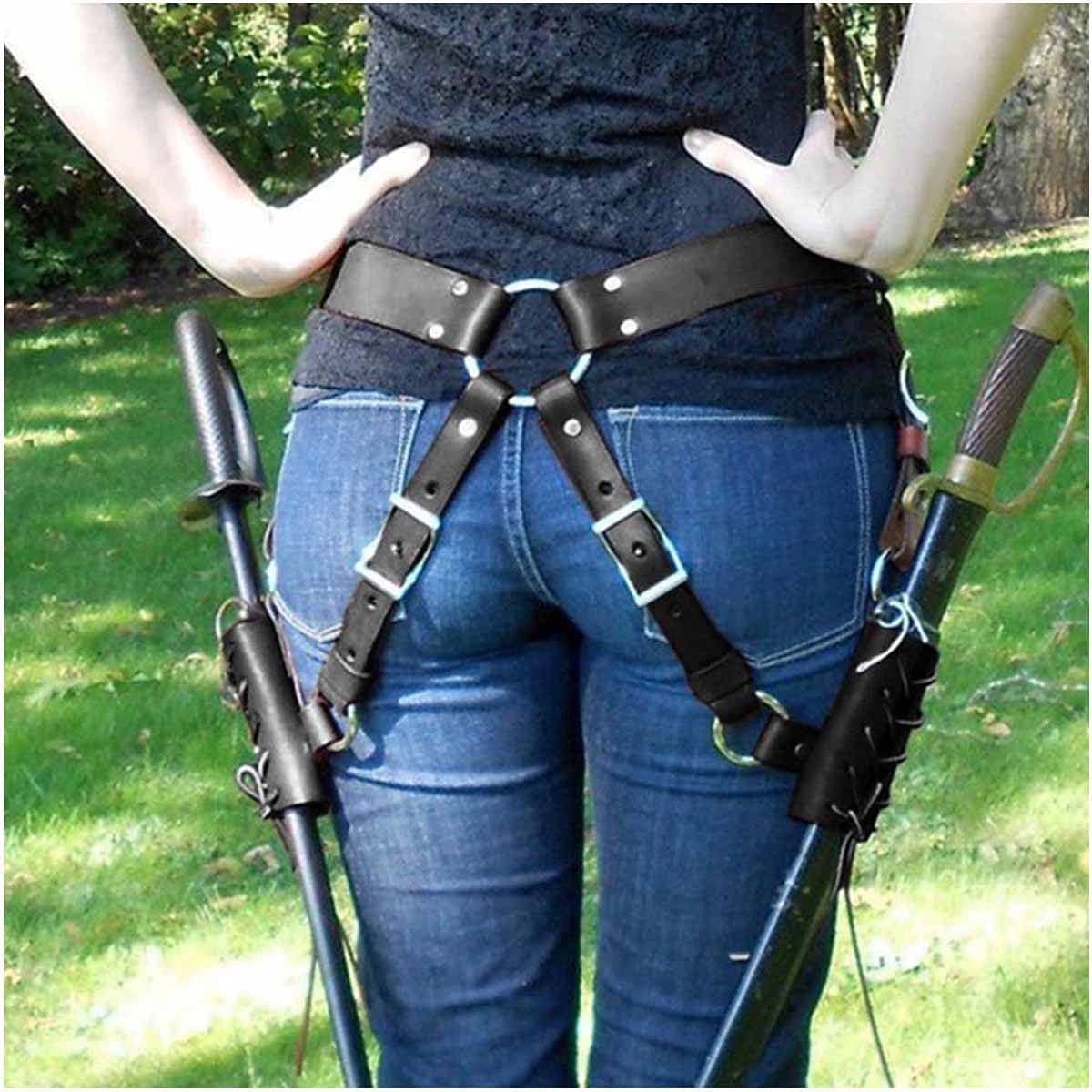 ZXKYZR8 Cosplay Prop, Medieval Vintage Double Sword Holster Sword Belt Waist Sheath Scabbard Adjustable PU Leather Sword Sheath Belt Double Holder, Halloween Costume For Men Women Aldult