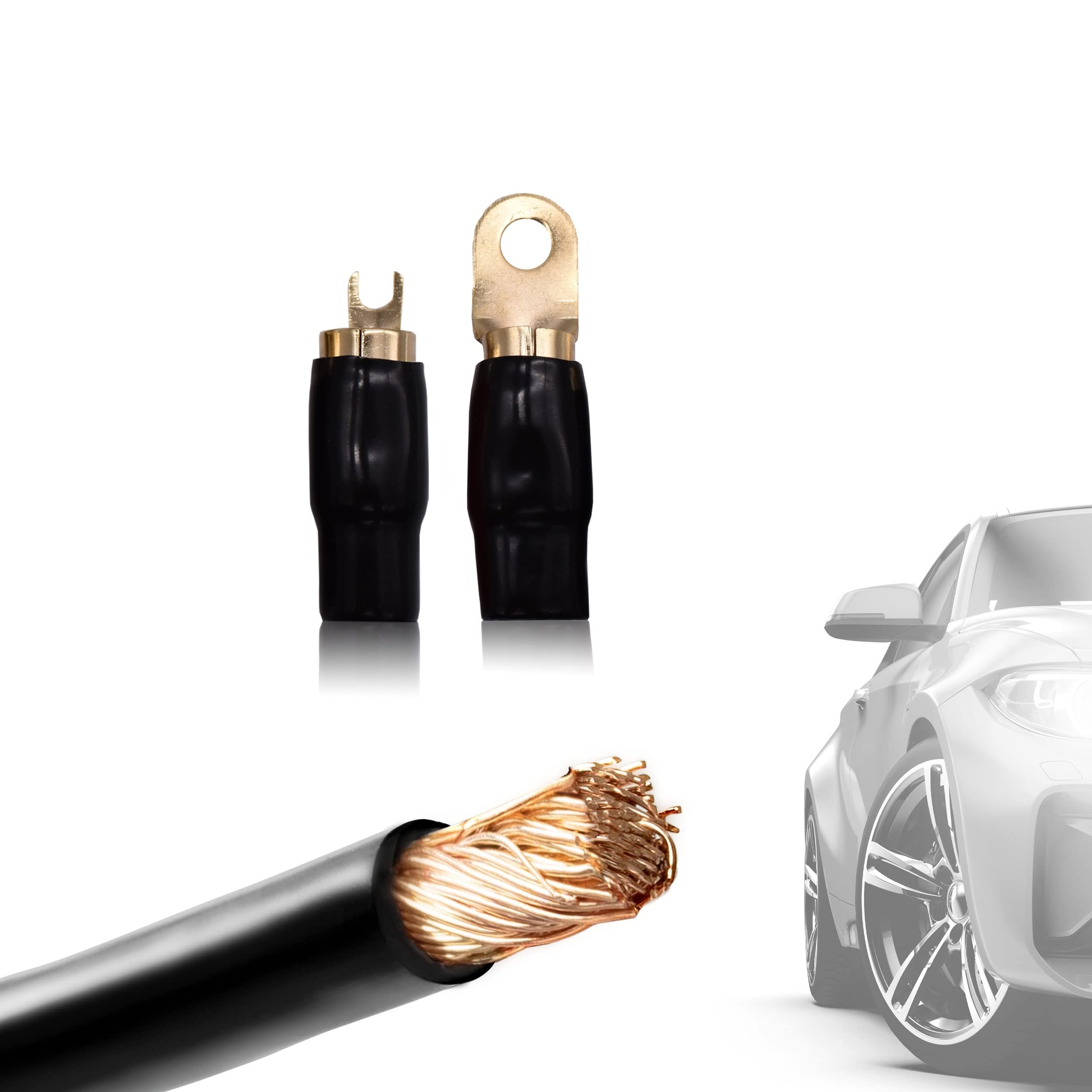 EBROM Cavo per batteria in rame per auto, set da 10 mm2, 16 mm2, 25 mm2, 35 mm2, 50 mm², cavo Plus + cavo di massa in molte lunghezze, supporto di fusibile AFS o ANL + fusibile, capicorda ad anello +