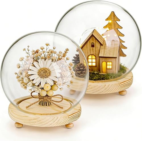 Paquete de 2 cúpula de cristal transparente, tarro decorativo de 6 pulgadas con base de madera, estuche de nieve para bricolaje, escaparate de