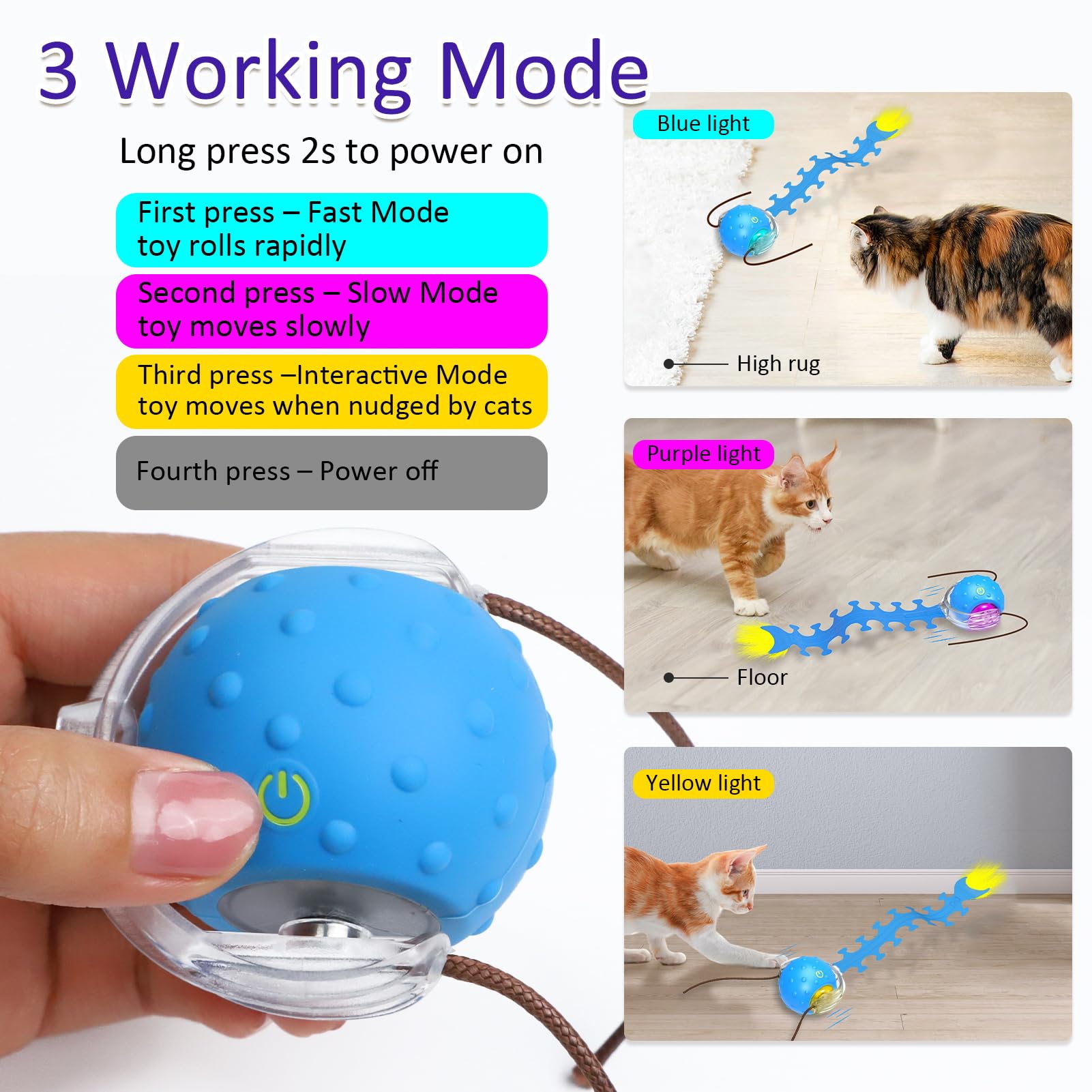 Giociv Balle interactive pour chat d'intérieur - Rapide à rouler sur la moquette - Couinement et mouvement activé - Bleu