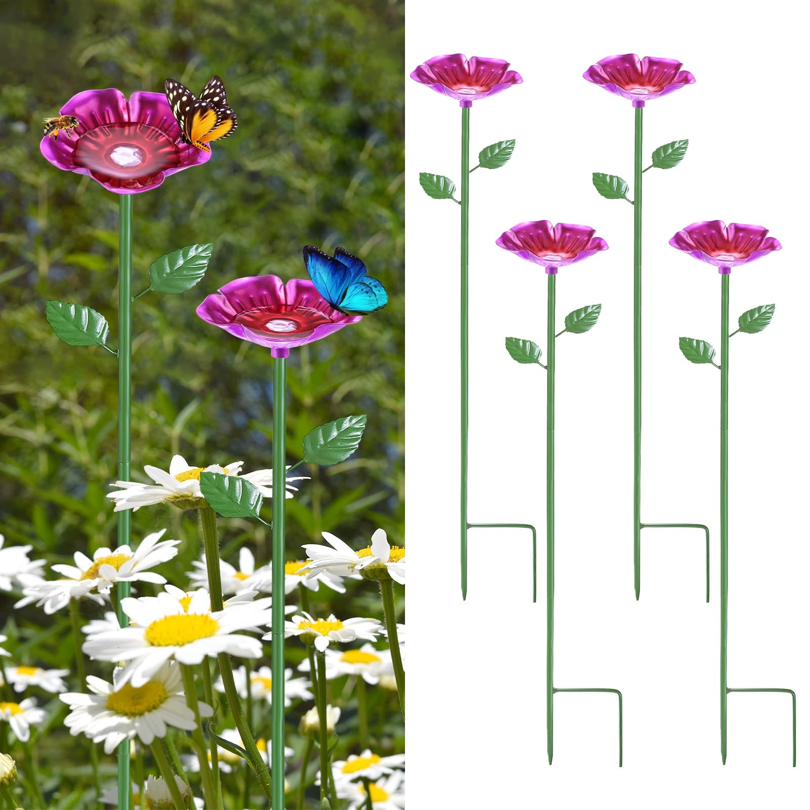 M METERXITY 4-Pack Bee Watering Stations, 64cm/25 Inch Iron Bee Bath for Garden Water Feeder, Colorful Butterfly Bath Bowl for Outdoor/Garden/Yard Decor [Rose Red]