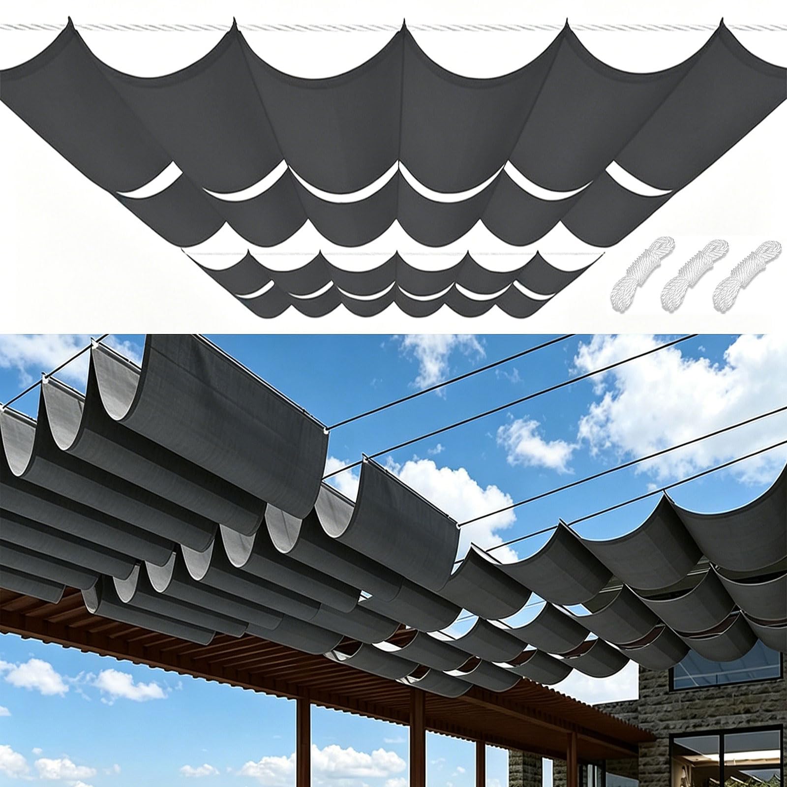 Toile d'ombrage rétractable vague 2.5x19.5m gris foncé pour pergola