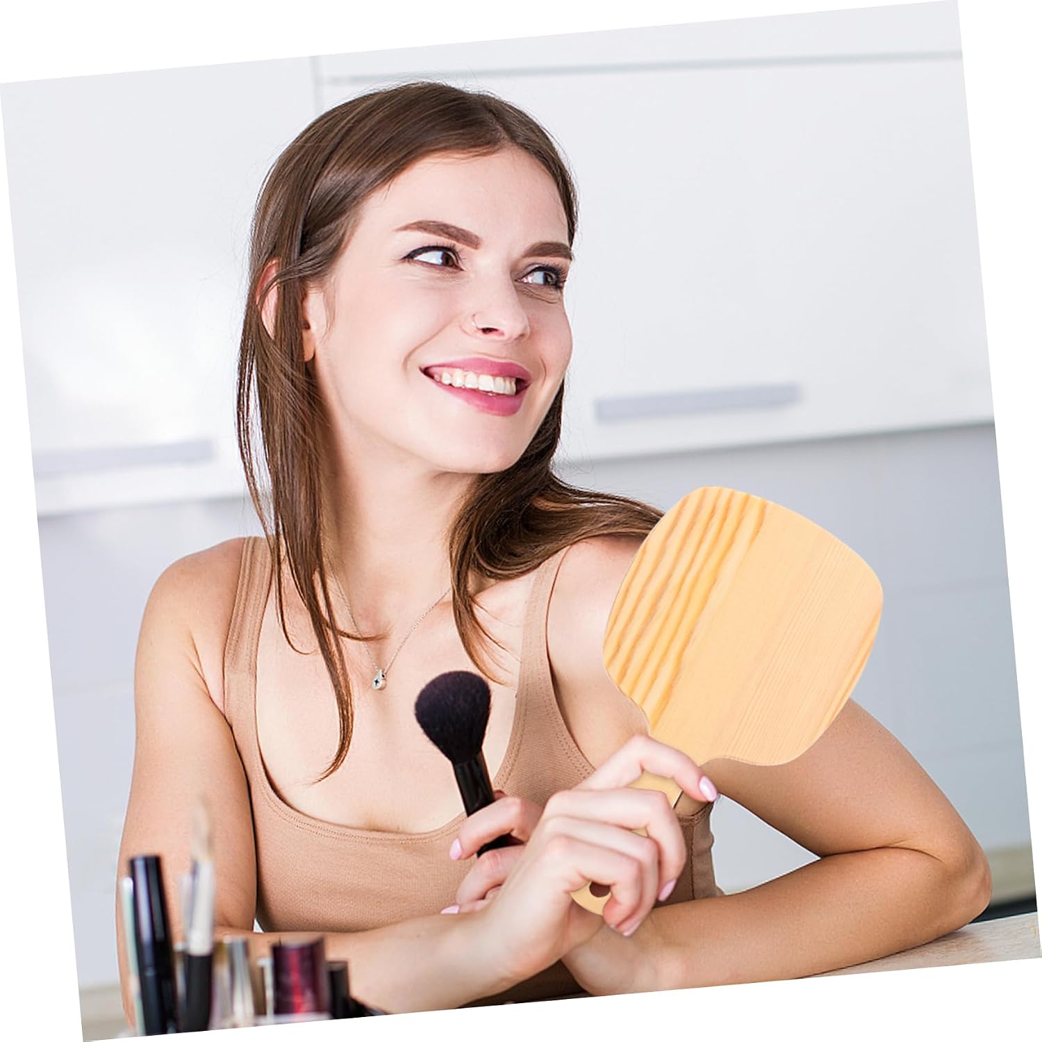 WOONEKY Handheld Mirror Vintage Compact Led Makeup Mirror Wooden Handle Portable Beautiful Cosmetic Tool for Women