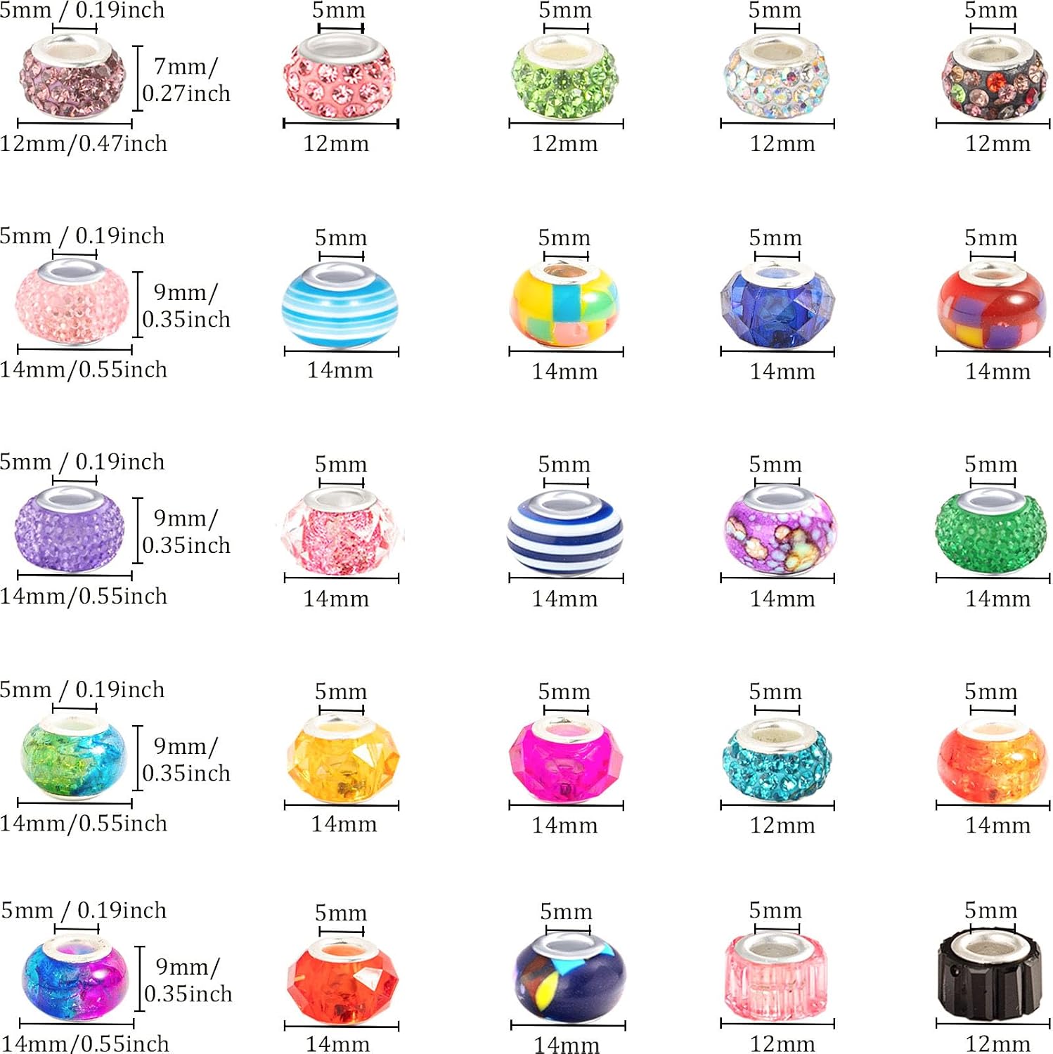 500 Pcs European Craft Beads Large Hole Spacer Beads, Assorted Colorful European Craft Bead Rhinestone Lampwork Beads Large Hole Spacer Bead for DIY Charms Bracelet Necklace Jewelry Making Supplies