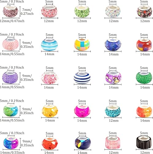 Miniatura 5 de 210 cuentas europeas de agujeros grandes, cuentas de manualidades europeas surtidas, cuentas de diamantes de imitación de colores mixtos, cuentas