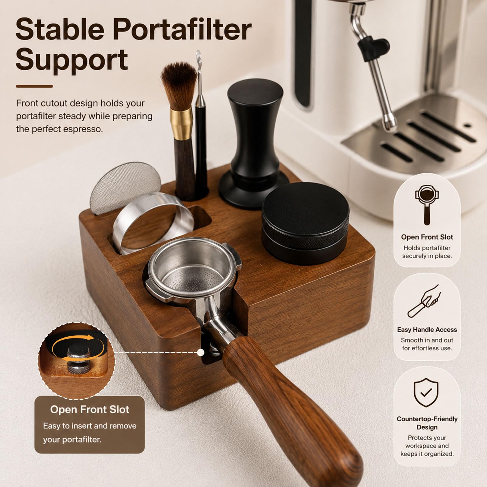 Estación de Prensado Café 51mm/54mm Tamper Station Madera Estación de Apisonamiento de Espresso para Portafiltros Accesorios de Barista, Altura Ajustable, con Almohadillas Antideslizantes