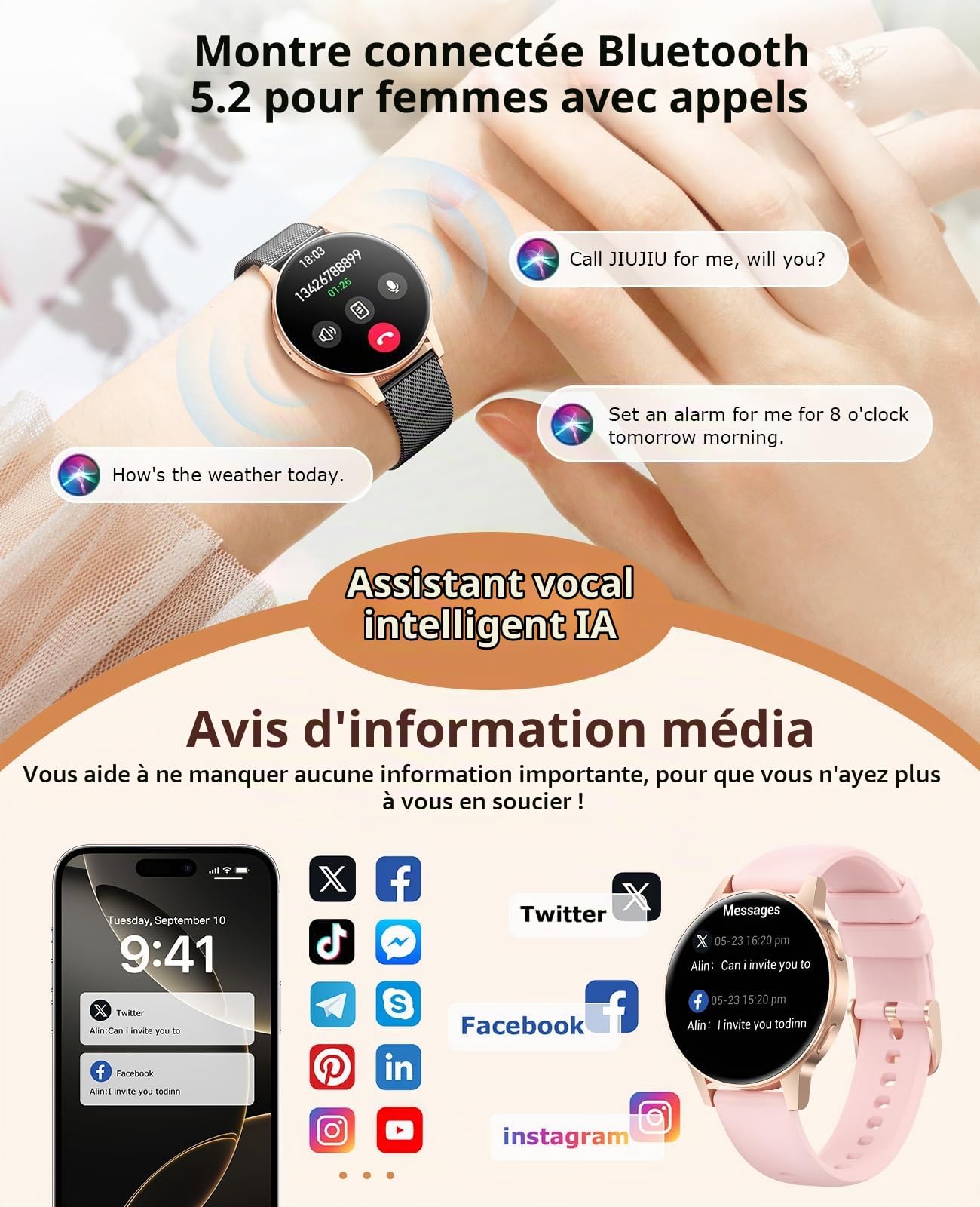 2025 Montre Connectée Femme avec SIRI/ET/HR, 1.27" TFT Smartwatch avec Appel Bluetooth Cardiofréquencemètre 120+ Modes Sport Montre IP68 Fitness Podomètre pour Android iOS (Or Noir)