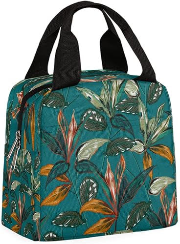 Bolsa de almuerzo con plantas tropicales retro para mujeres, bolsa de almuerzo aislada, bolsa de almuerzo botánica, bolsa de almuerzo reutilizable