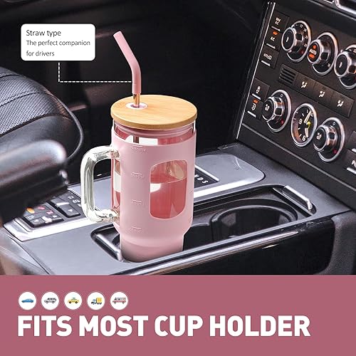 Miniatura 5 de Vaso de vidrio con popote y tapa, taza de vidrio de 40 oz con asa, botellas de agua de vidrio con marcador de tiempo, funda protectora de silicona,