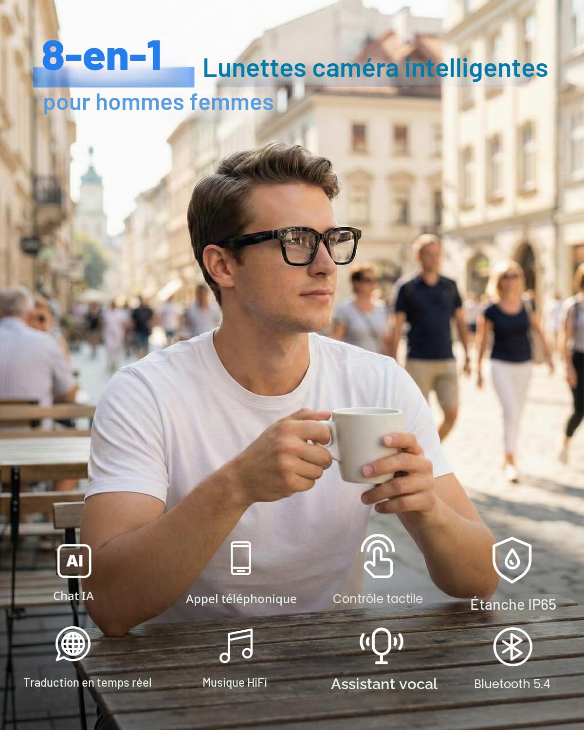 Lunettes Intelligentes 2026 Avec Caméra et Bluetooth, 8 Mpx, 32 Go, HD 1200P, en Charge L'enregistrement Photo/Vidéo/Audio, La Traduction en Temps Réel, L'assistant Vocal et La Reconnaissance D'objets