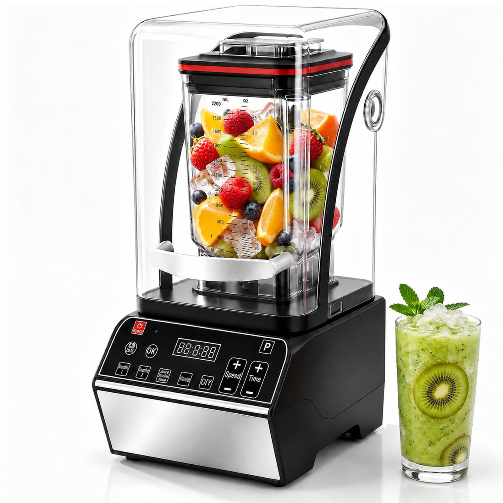 Profesjonalny Cichy Blender 2200 W, 46000 RPM, z Samoczyszczeniem | Duży Dzbanek Ogranicza Dodatkowe Partie, a Programy Jednodotykowe i Regulacja Ręczna Pomagają Ujednolicić Konsystencję Potraw