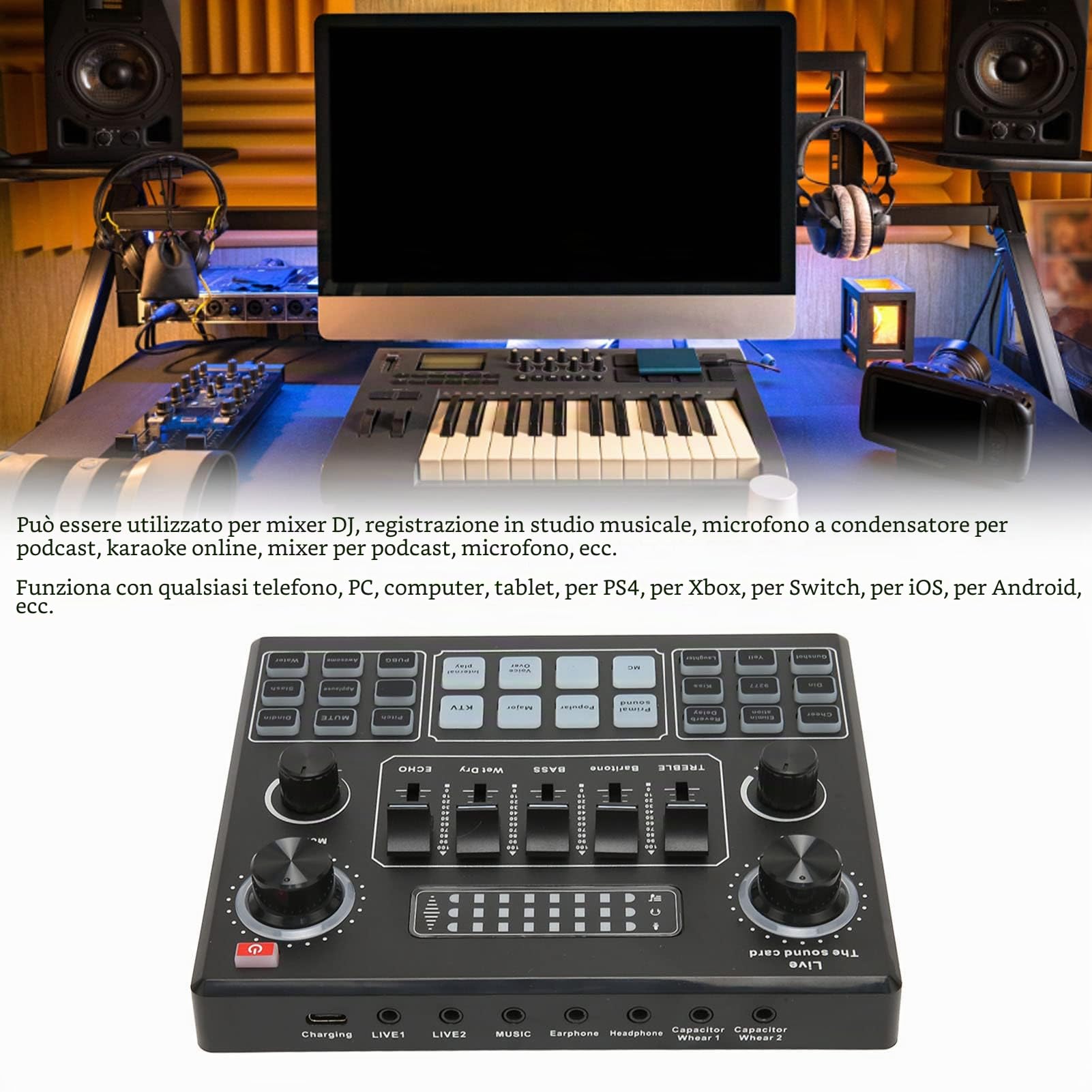 Bewinner Scheda audio Voice Changer, Quad Sound Mixer Board con 12 effetti sonori, scheda audio live per mixer DJ, Music Studio Recording, compatibile con telefono cellulare, PC, computer