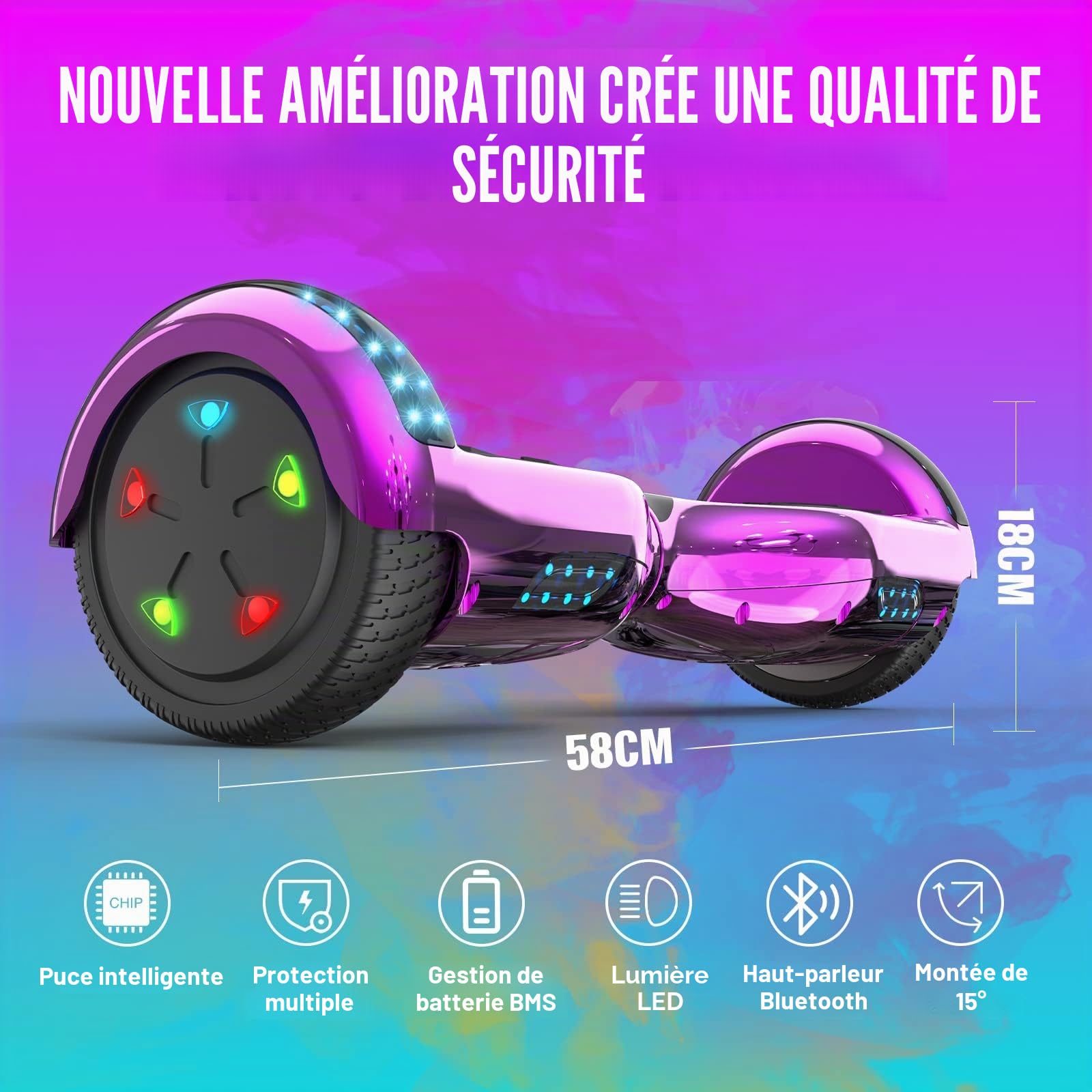 GeekMe Hoverboard Gyropode 6,5 Pouces, Électrique Auto-équilibré, Haut-Parleur Bluetooth Intégré, Enfants et Adultes