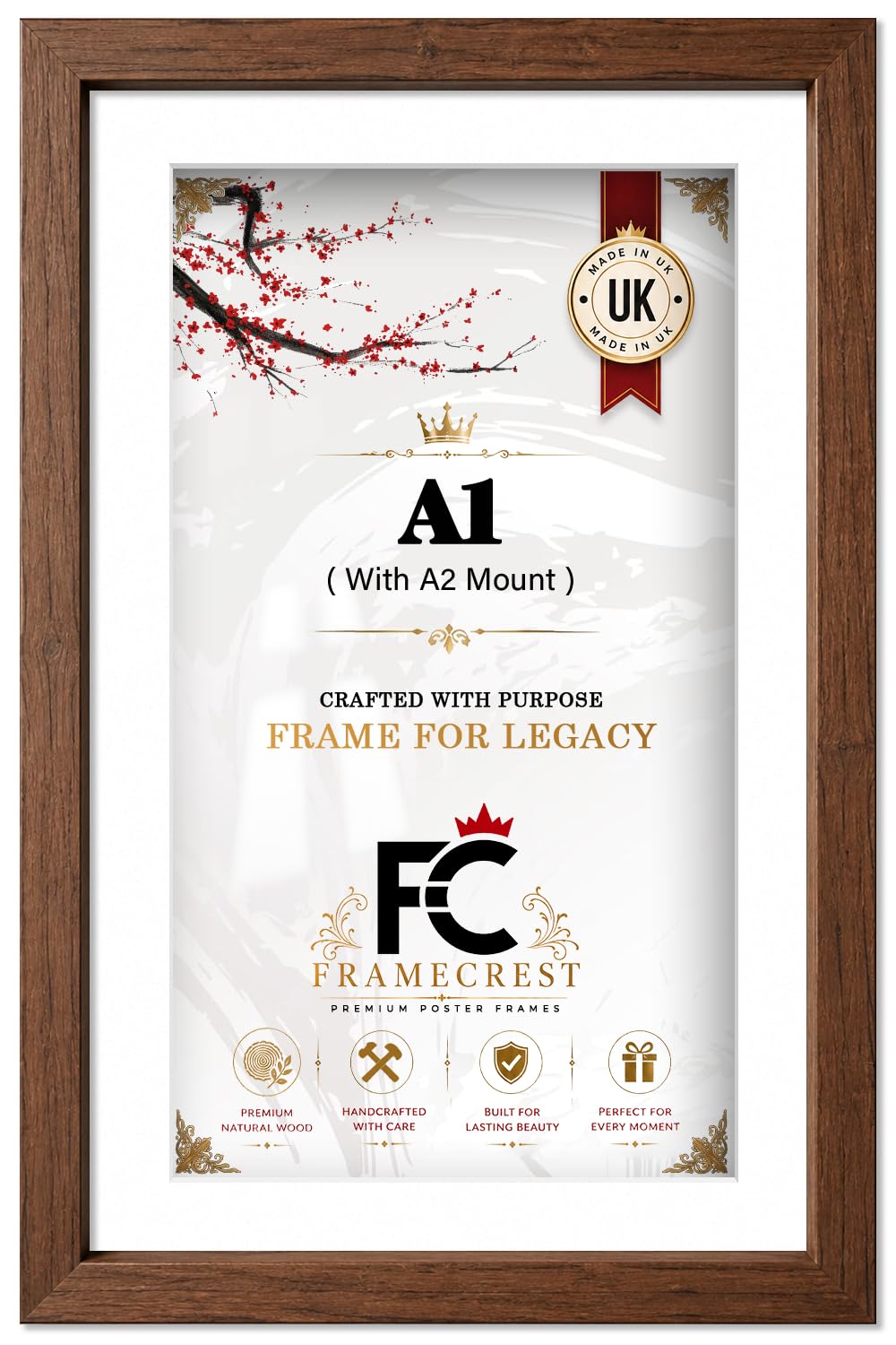 FRAMECREST LTD A1 Picture Frame (59.40 x 84.10 cm) With A2 White Mount (41.90 x 59.40 cm) Shatter-Resistant Styrene Front, Heavy Duty Backing, Gallery Wall Frame A1 For Office Or Home - [Dark Oak]