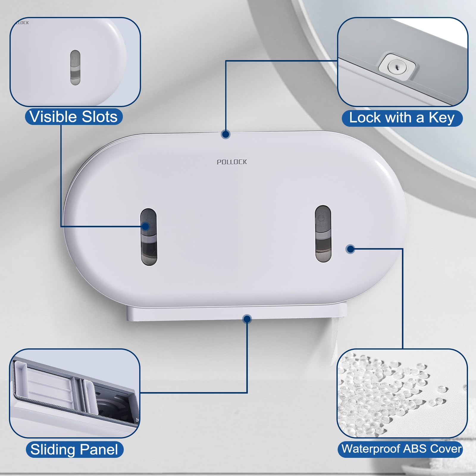 Pollock Dispensador de Doble Rollo de Papel Higiénico Jumbo, Capacidad Extragrande, Sin Agujeros, Blanco