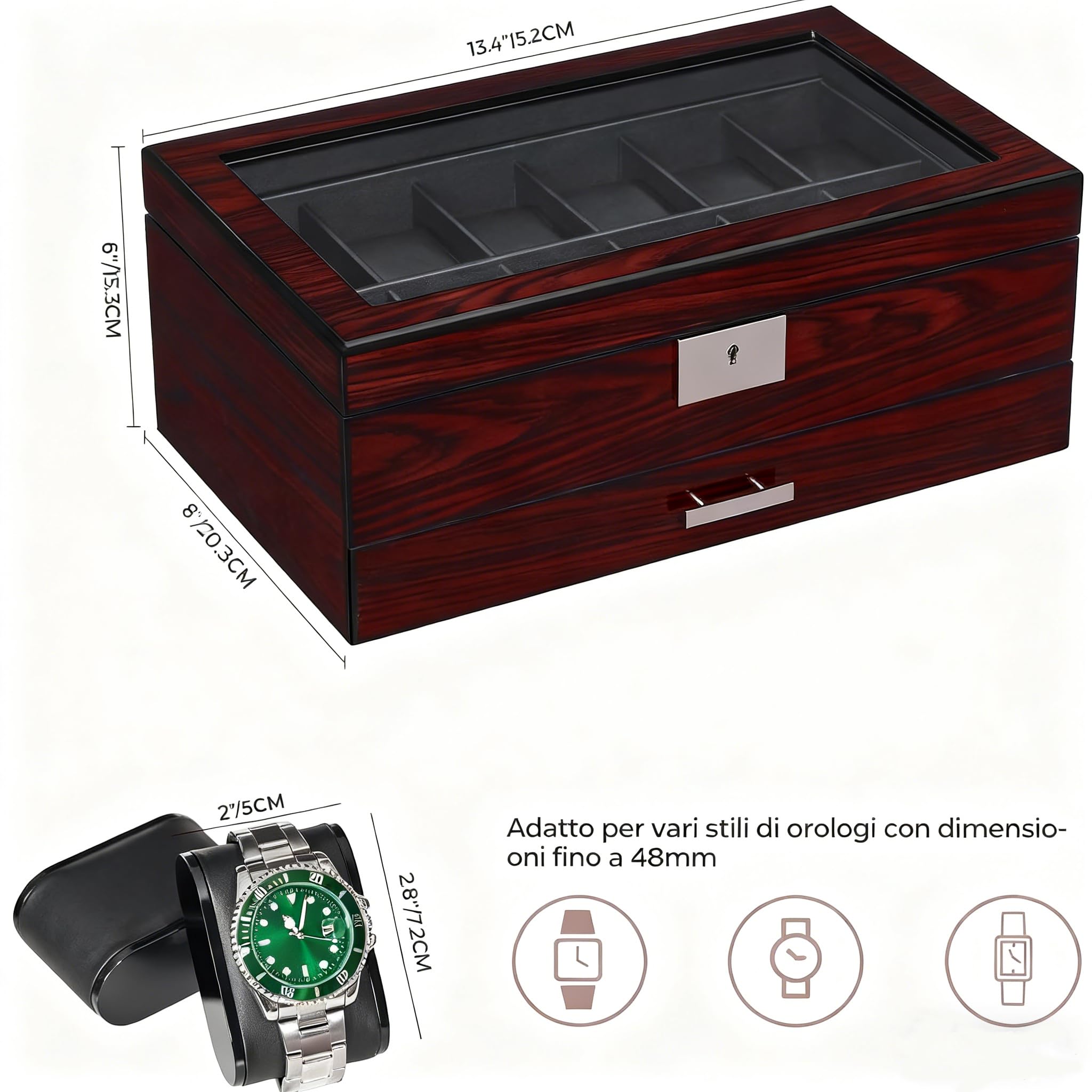 ANWBROAD 12 Portaorologi per Uomo Posti Porta Orologi gioielli e orologi | 2-Tier Custodia per Orologi con Grande Coperchio Di Vetro, Scatola Portaorologi per Regalo Festa Del Uomo e Donna JWB001Y