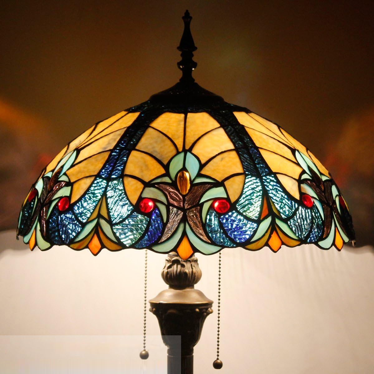 WERFACTORY Tiffany Floor Lamp Blue Yellow Liaison Stained Glass Standing Reading Light 16X16X64 Inches Antique Pole Corner Lamp — view 2