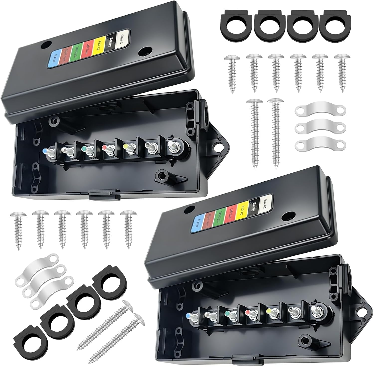 2 Set 7 Color Coded Electric 7 Pin Trailer Wiring Junction Box - 7 Way Trailer Junction Box 7 Pole Waterproof for Camper RV Wiring - Black