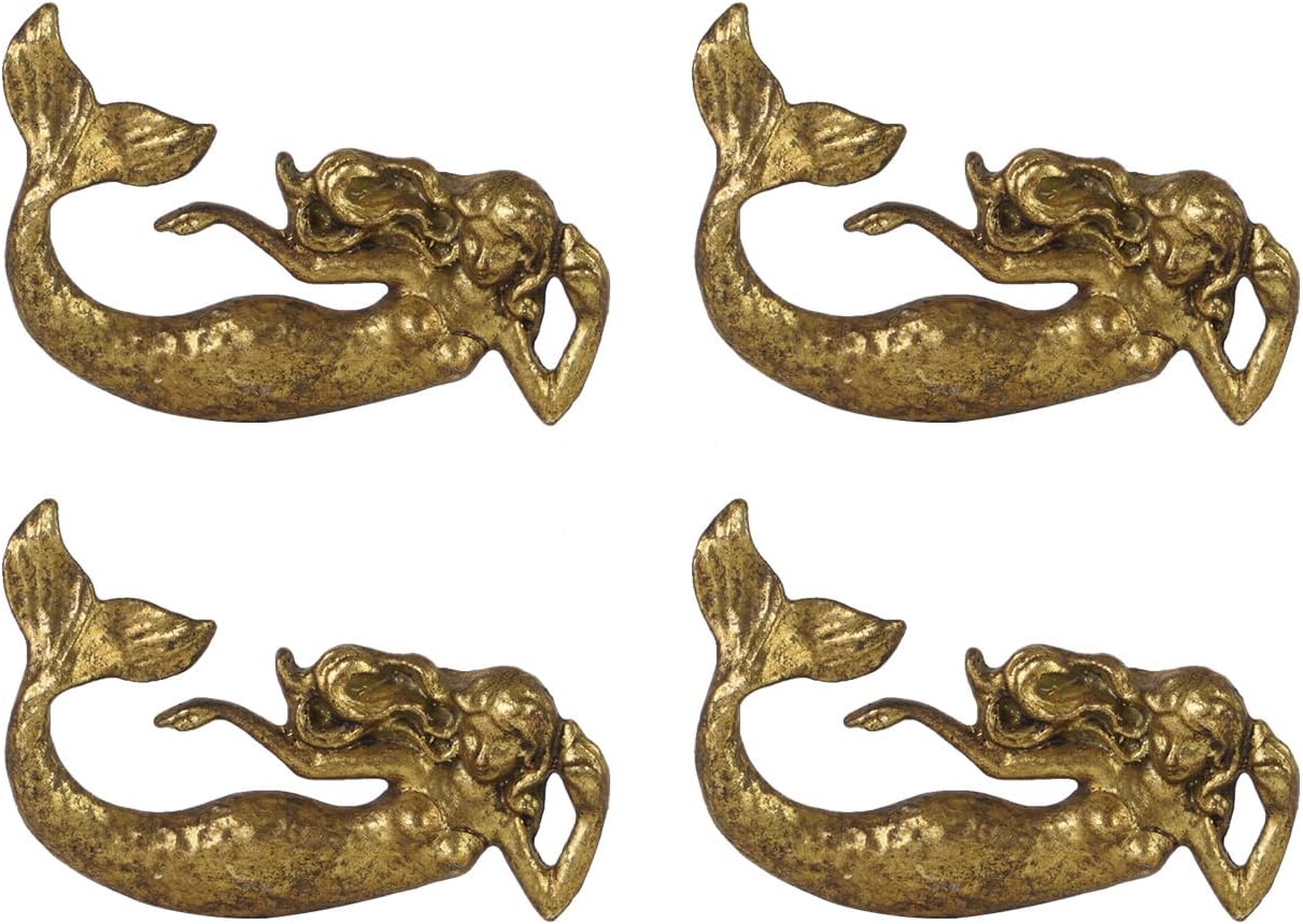 SOFFEE DESIGN Set of 2 Vintage Mermaid Cabinet Knobs for Drawer, Ocean Beach Theme Aged Treatment Antique Door Knobs with Mounting Screws for Cupboard, Kitchen Furniture (4pcs Gold)
