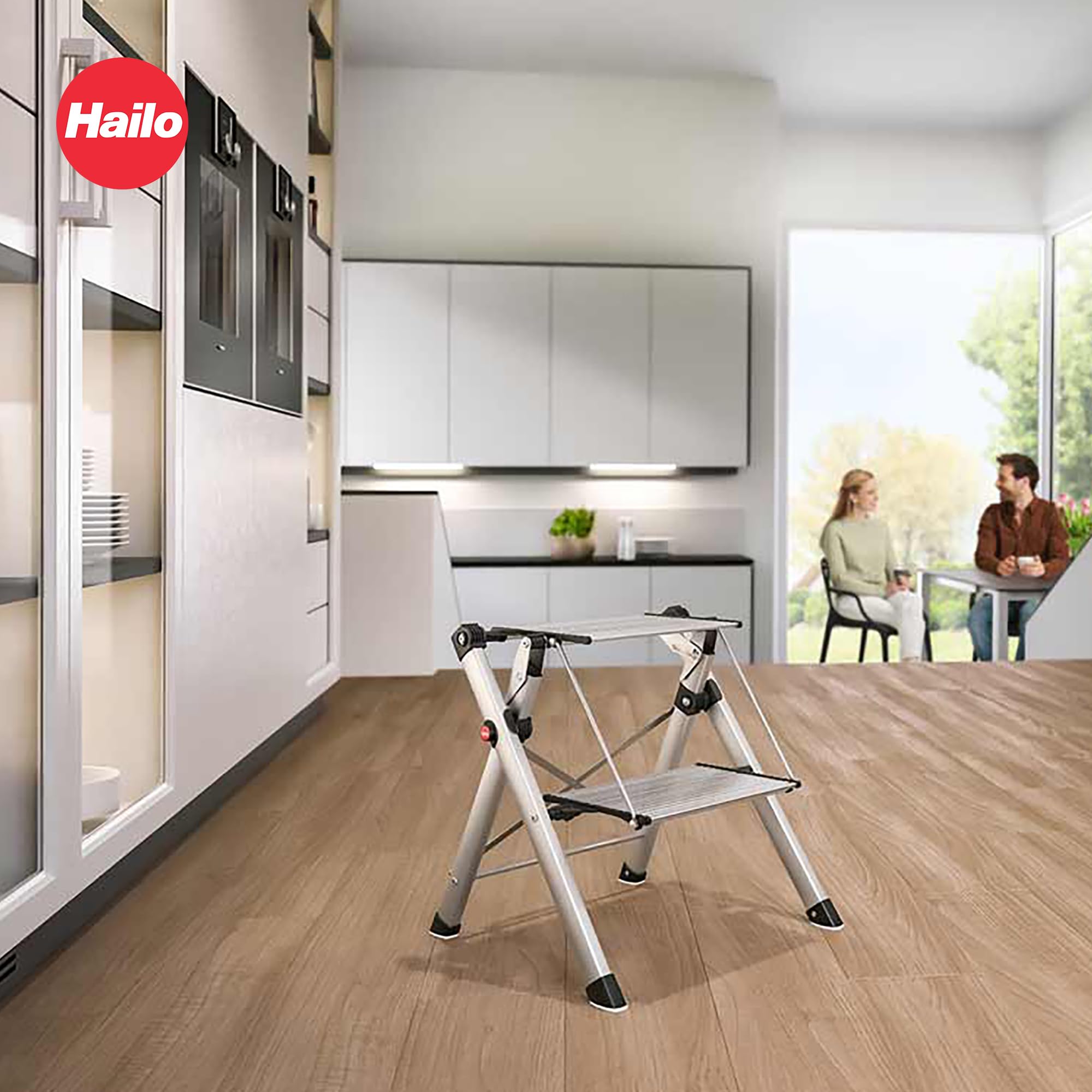 Hailo MK80 Mini Steel Step Stool - Two Large Anti-Slip Steps 330 lb Capacity - Safety Release Button Carry Handle - Easy Storage - Silver | Aluminum Frame Silver Finish Foldable Design Lightw product thumbnail 6