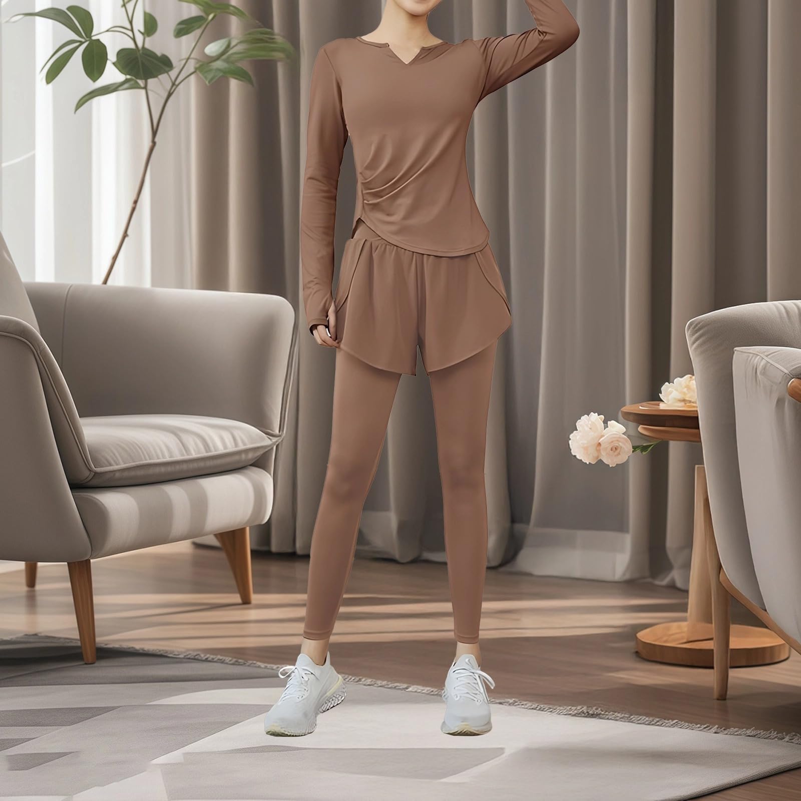Set da yoga da donna Xxl 5 pezzi, abbigliamento da allenamento leggero con cappuccio, ideale per 135-150, attrezzatura in poliestere spandex, Marrone, Etichettalia unica