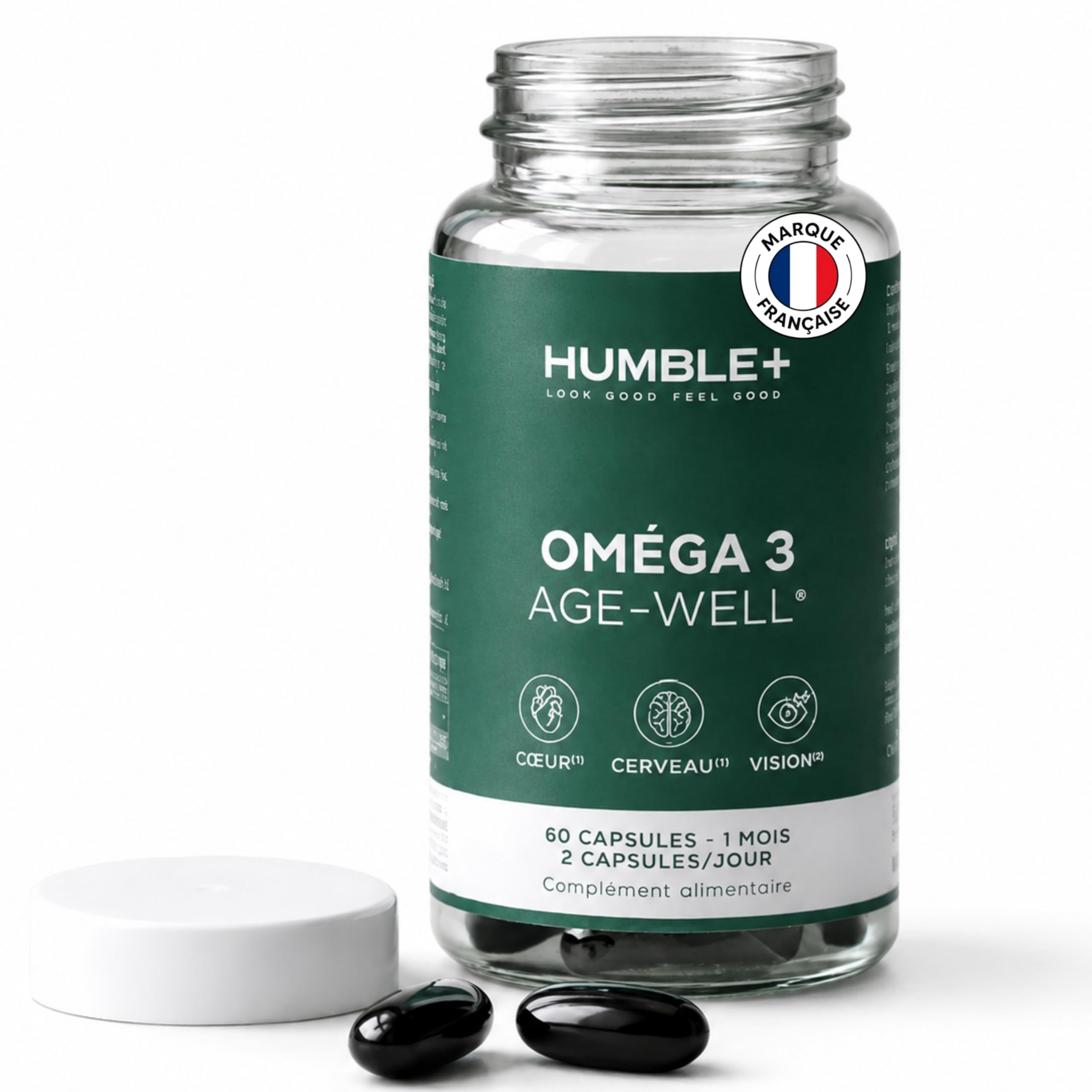 HUMBLE+ Oméga-3 Age-Well® - EPA & DHA Concentrés - Huiles Marines Purifiées de Poisson et de Krill - Cœur, Fonction Cérébrale et Vision - 60 Capsules - Marque Française
