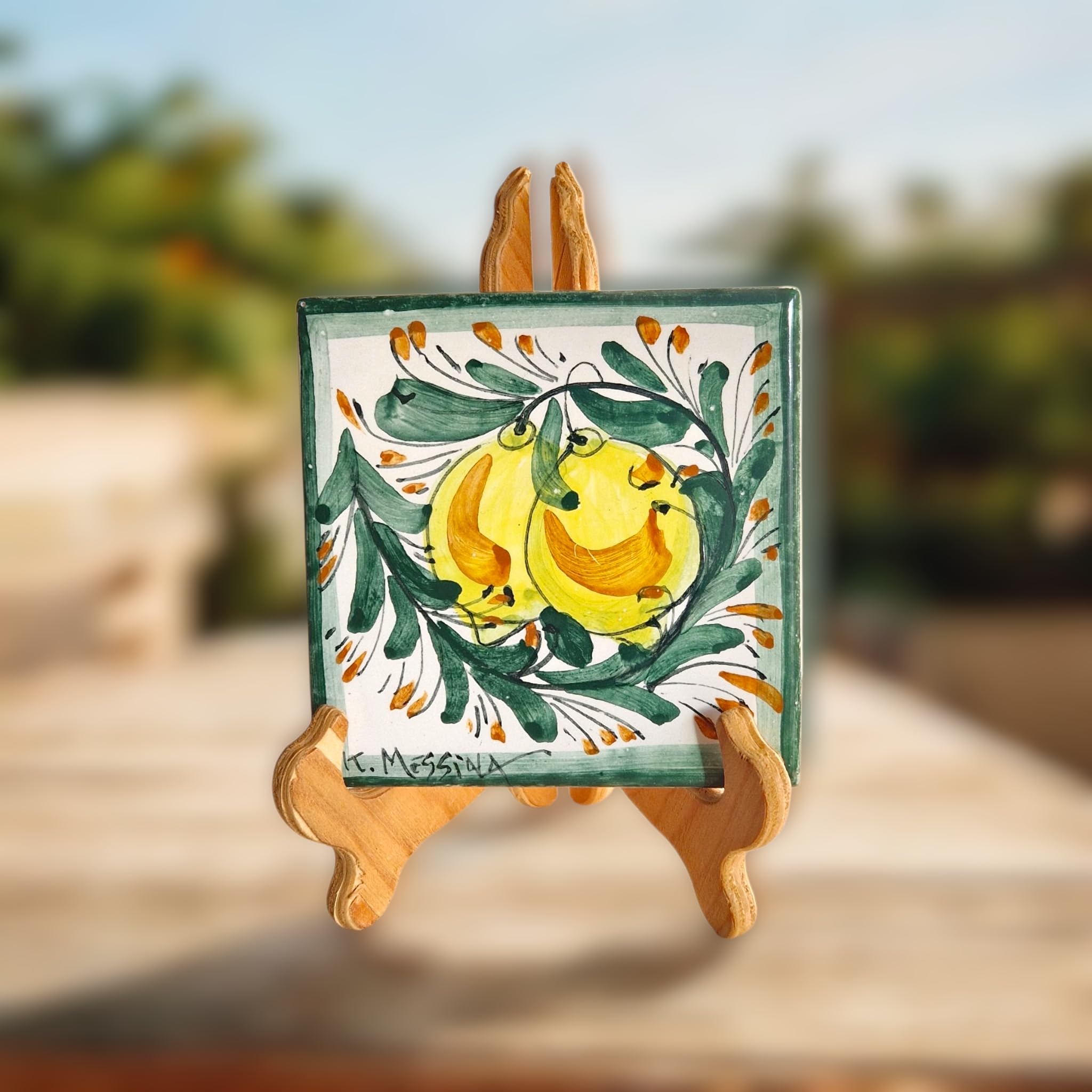 Le Ceramiche di Ketty Messina Mattonella 10 x 10 di Ceramica Siciliana Dipinta a Mano con Limoni Piastrella