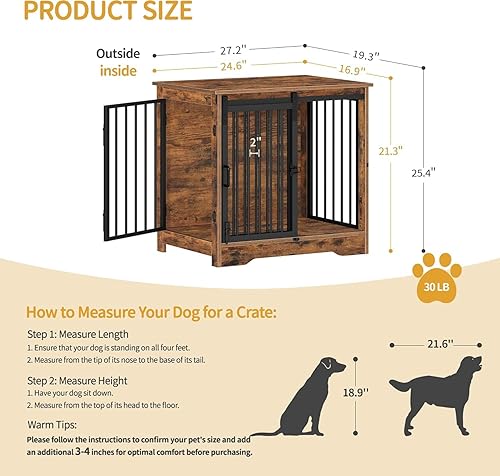 Miniatura 3 de Mueble de jaula para perros de 27.2 pulgadas con puerta de granero, perrera resistente para interiores con 2 puertas, mesa auxiliar de madera para