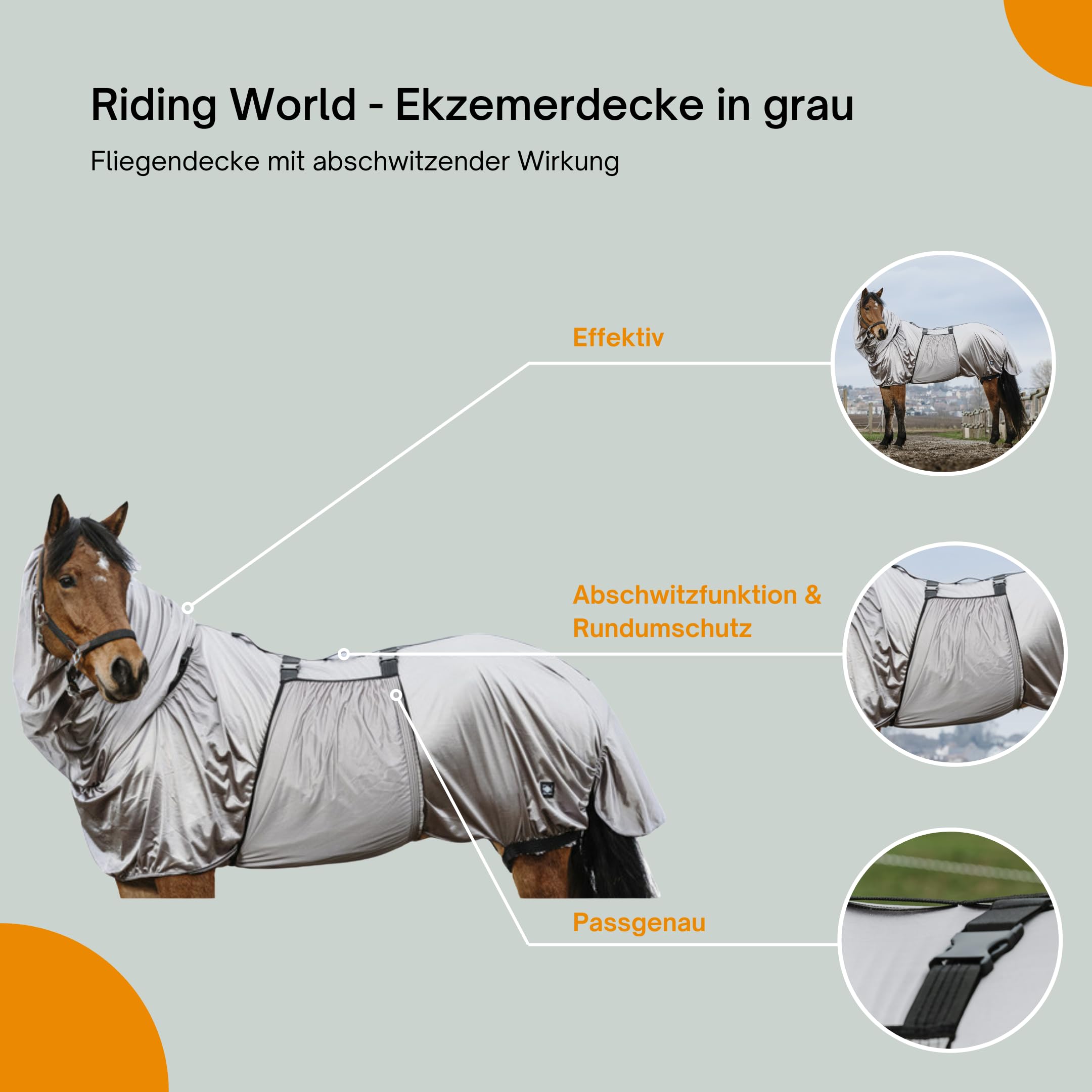Riding World - Ekzemerdecke | Fliegendecke mit abschwitzender Wirkung | Pferdedecke mit Bauchlatz & verstellbaren Riemen & Bändern | Abschwitzdecke Pferd & Pony | Stalldecke in Grau | 145 cm