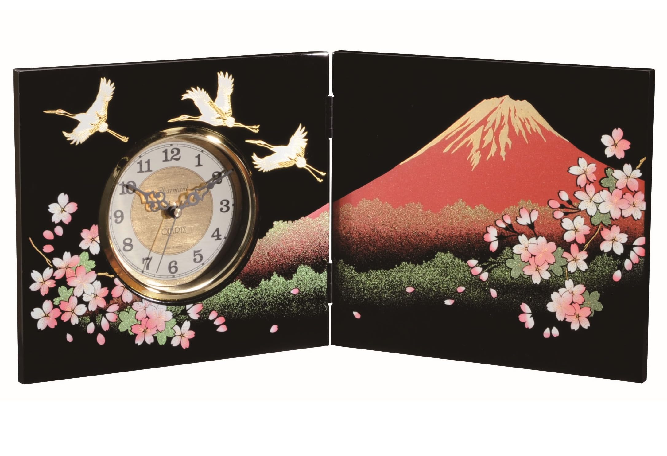 屏風時計　一富士ニ鶴三桜 漆芸木製屏風時計 一富士二鶴三桜 – 山家漆器店