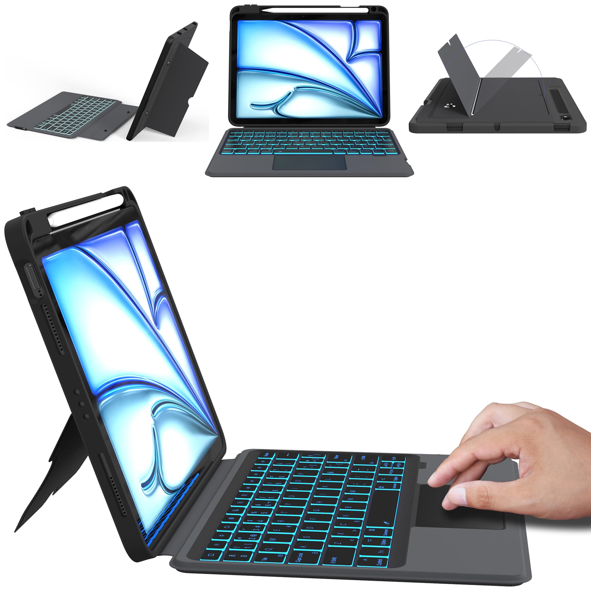 Funda con Teclado Español Ñ para iPad Air 11" (M3/M2, 2025/2024)/Air 5/Air 4/Pro 11" (4/3/2/1 Gen) - Retroiluminación de 7 colores + panel multitáctil + Funda desmontable para teclado inalámbrico