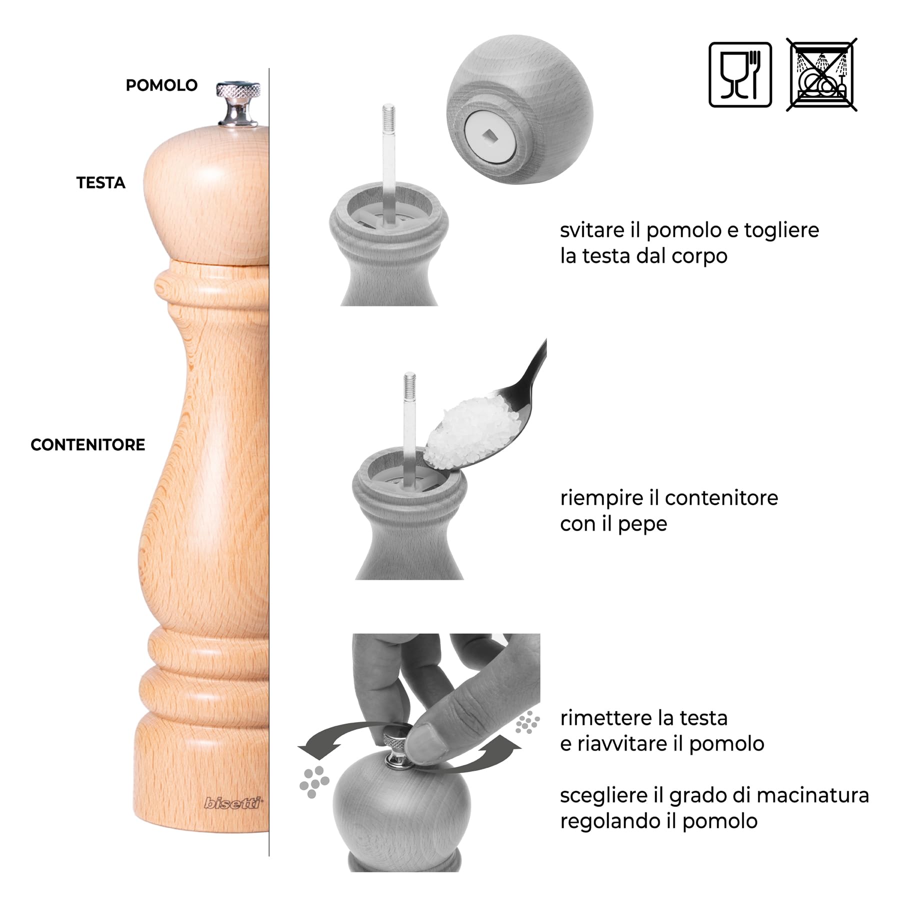 Set Macina Pepe Manuale con Macina in Acciaio Temprato in Legno di Faggio e Macina Sale Manuale in Ceramica ad Alta Resistenza in Legno di Faggio Linea Roma 13 cm-BISETTI