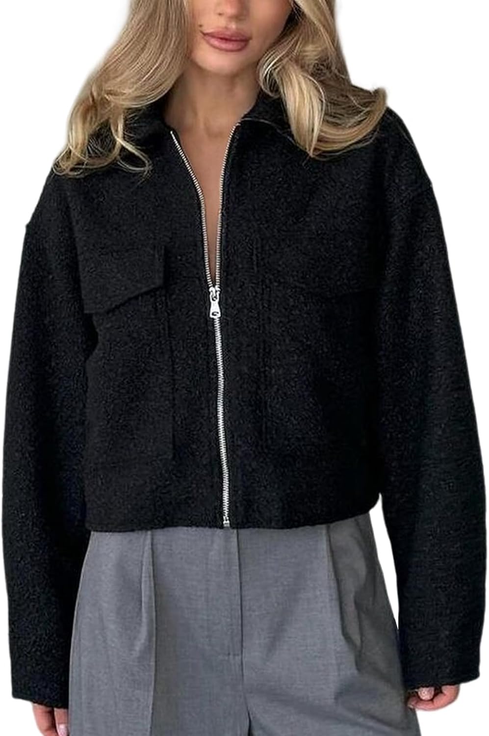 Wyeysyt Wool Coats for Women Lapel Zip Up Copped Bomber Jacket Outerwear with Pockets 2025