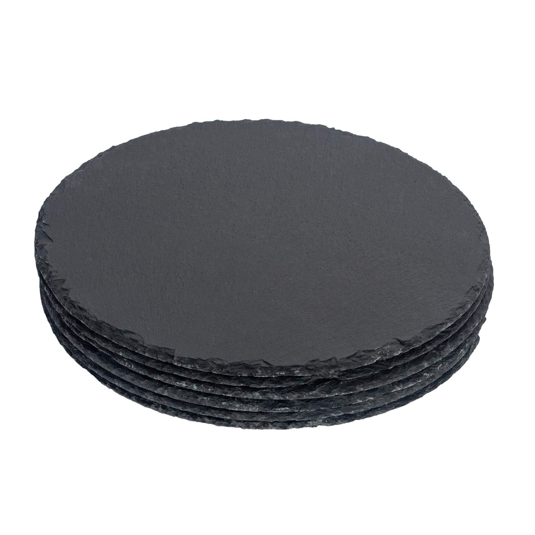 Argon Tableware Slate Serving Platter - Round - 33cm - Pack of 6 - Black Natural Slate Rustic Raw Cut Serving Platter Fruit Savoury Placemat Cheese Board with Soft Padded Feet