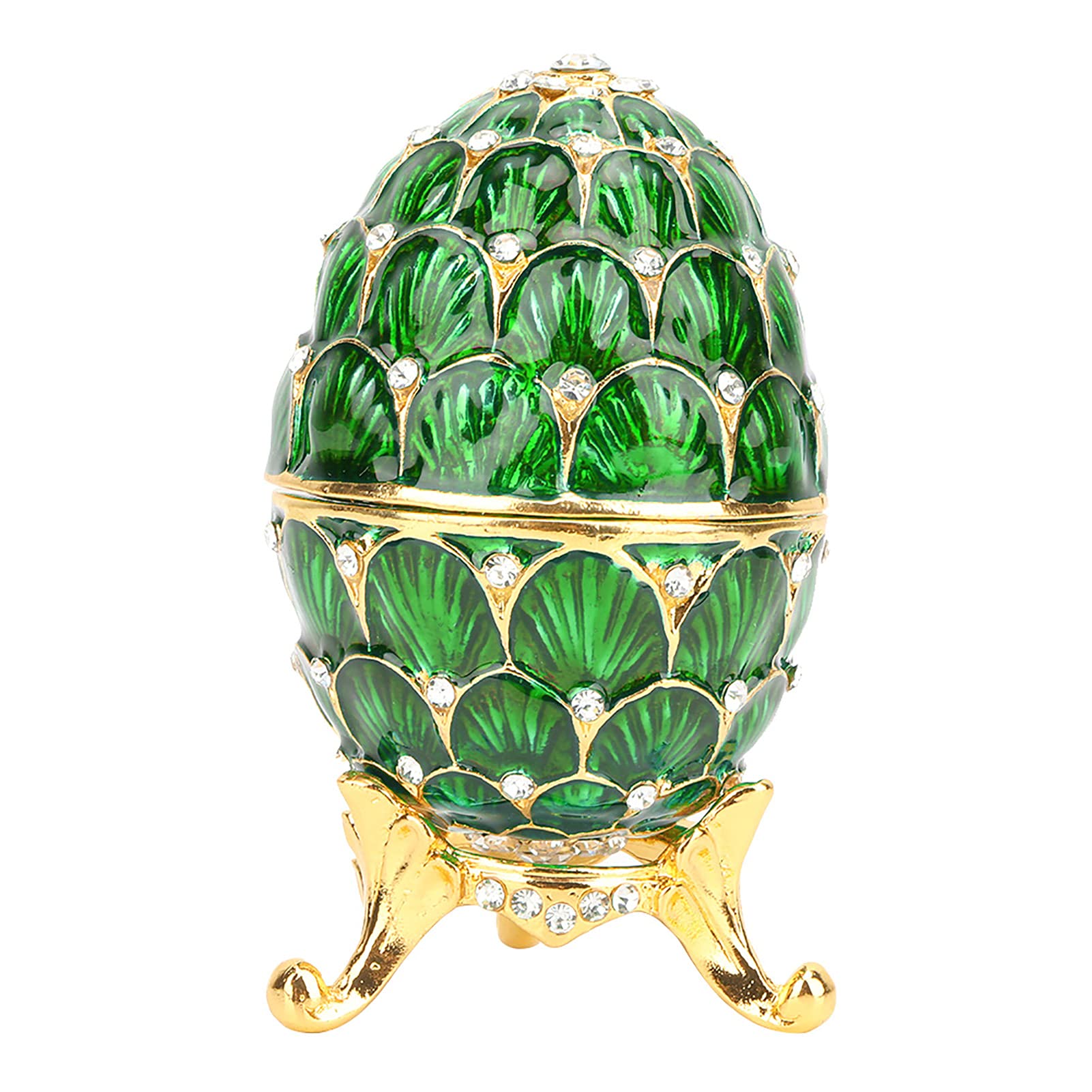 Faberge Egg Trinket Box, Easter Egg Hinged Trinket Box with Scalelike Patterns Decorative Jewelry Box with Rhinestones Delicate Gift Display Ornament(Green)