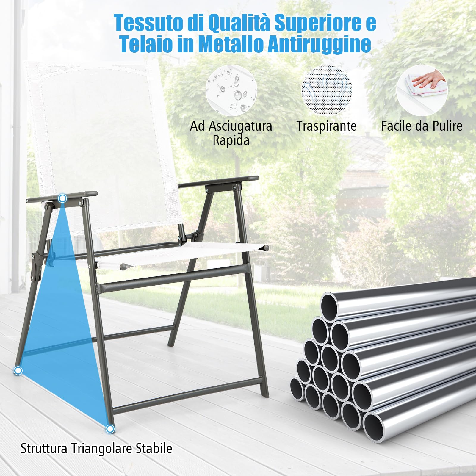 COSTWAY Set di 2/4 Sedie Pieghevoli da Giardino in Textilene, Sedie da Esterno con Schienale Alto, Poltrona Portatile per Giardino Campeggio Patio, Portata 150 kg (4, Bianco, 62 x 58 x 96 cm)