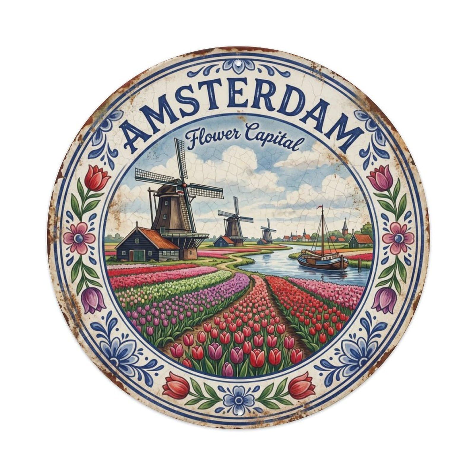 Vintage Travel Amsterdam Windmills Tulips Metal Tin Sign Plaque Wall Decor for Cafe, Club, Garden Round Metal Poster 8x8Inch