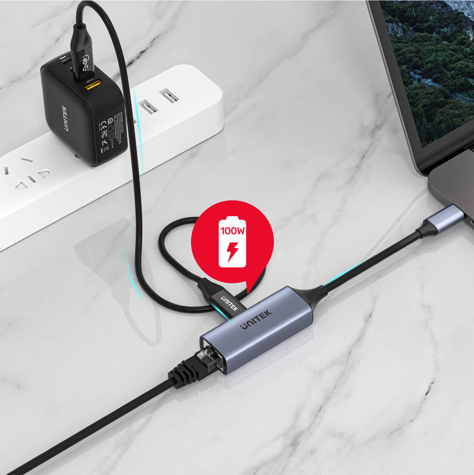 Adaptateur USB-C vers Gigabit Ethernet avec 100 W Power Delivery/SuperSpeed USB 3.1 Gen 1 / Taille compacte/Chipset RTL8153 / Boîtier en Alliage d'aluminium/Couleur : Gris sidéral