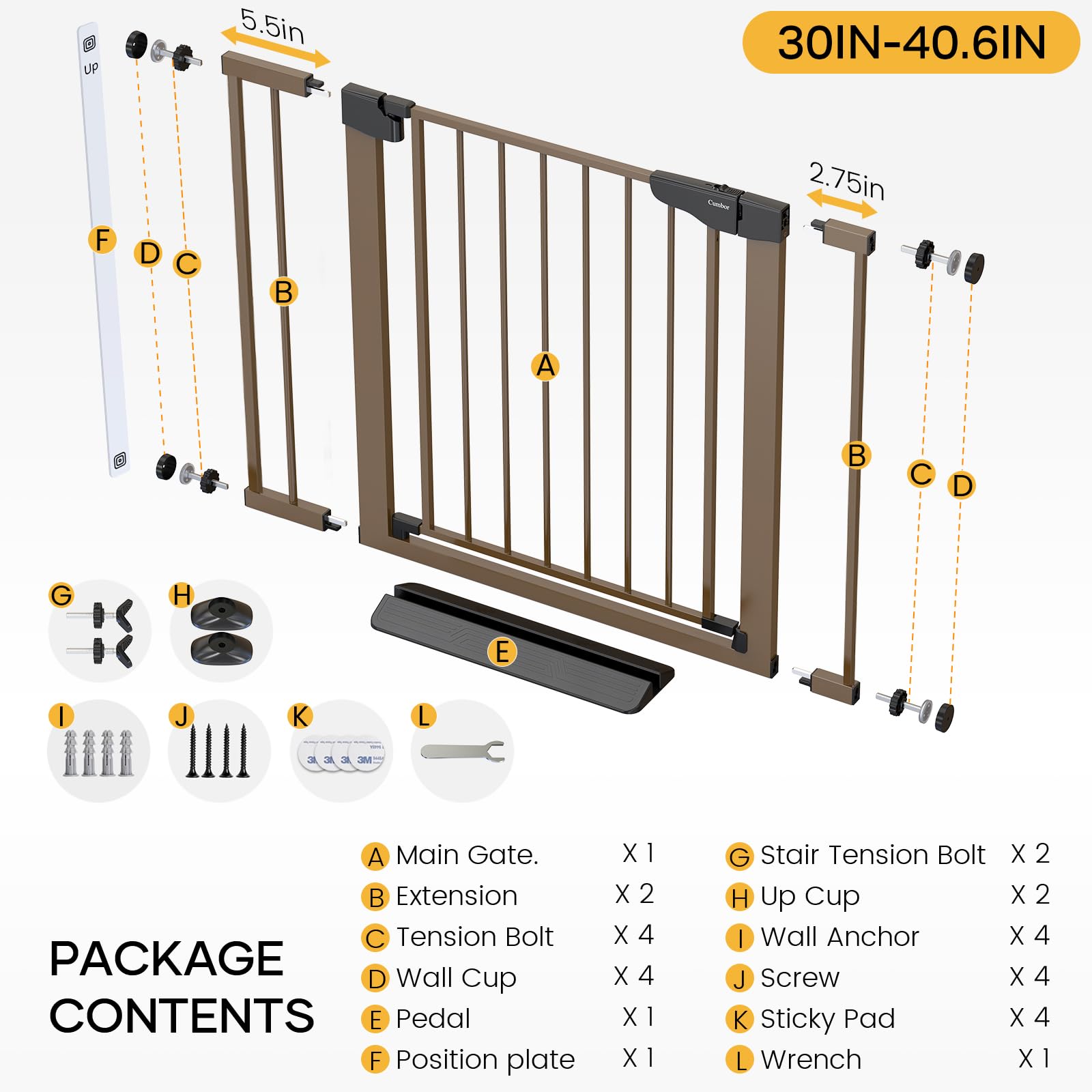 Cumbor 30-40.6 in Baby Gate for Stairs and Doorways, Dog Gate Indoor Brown — Amazon image 9